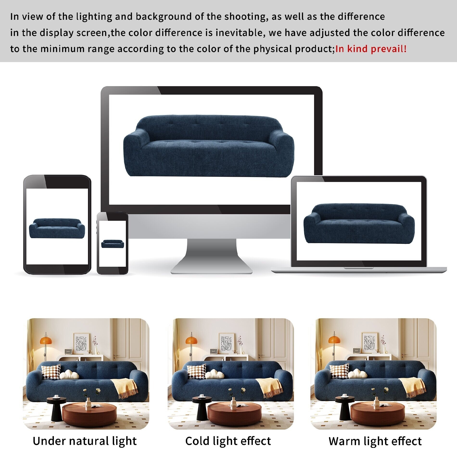 Chenille Fabric 3-Seater Sofa with Tufted Style and Full Sponge Compression Design