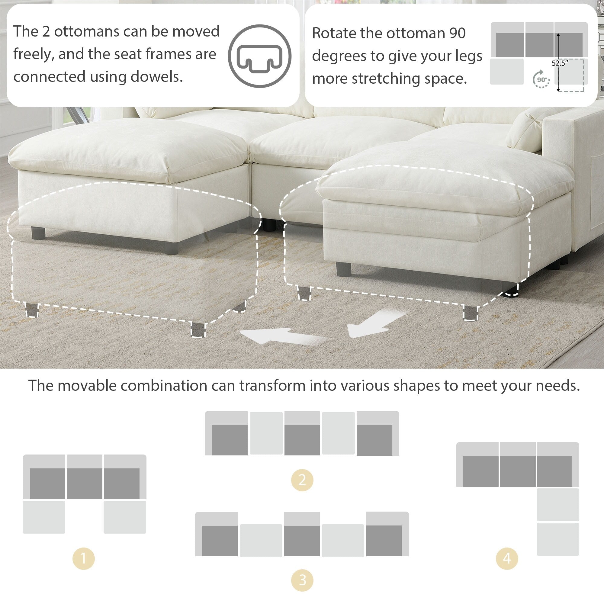 Chenille Modular Sectional Sofa With Storage Pockets, 5 Seat U Shaped Couch Set With Pillows,Cloud Sofa With 2 Movable Ottoman
