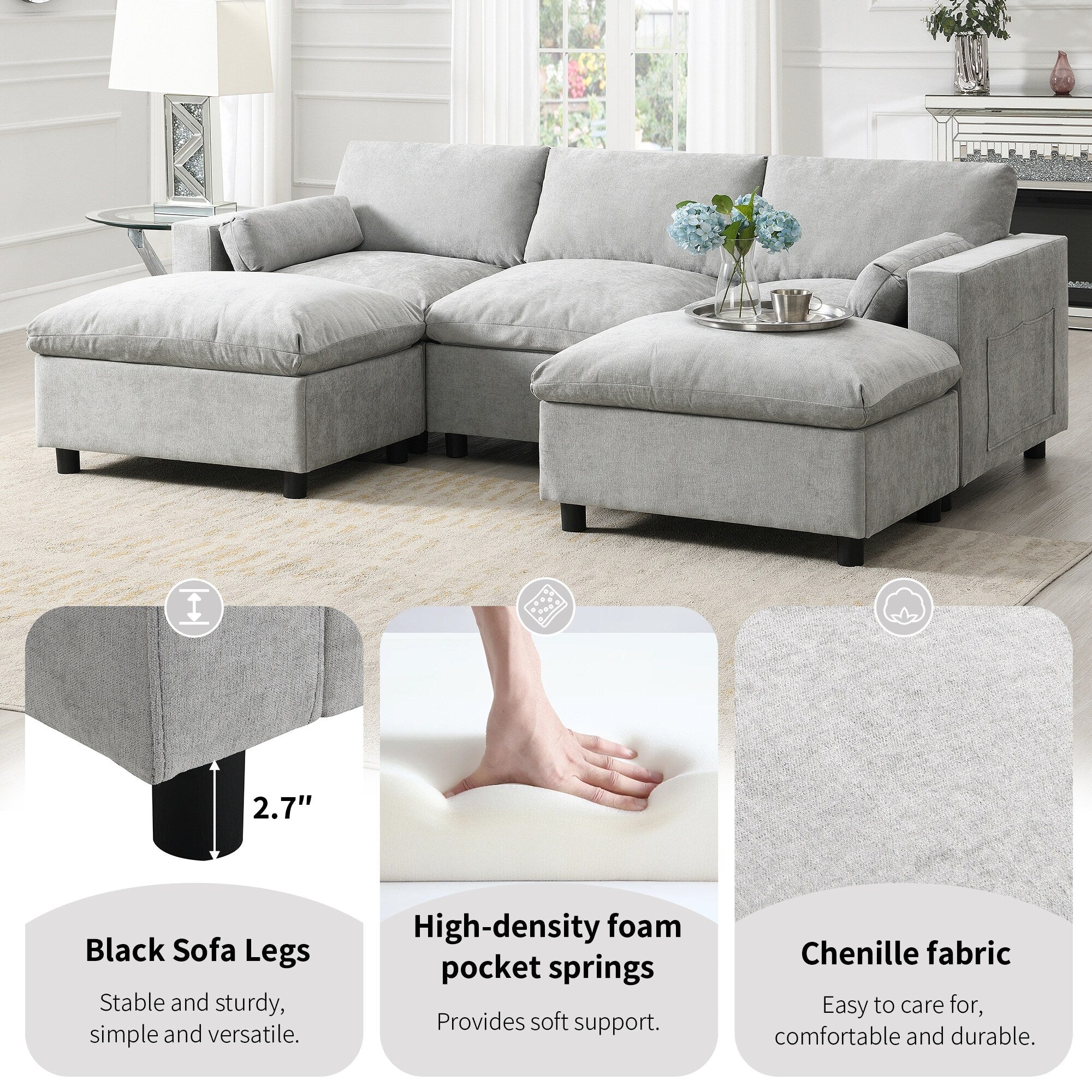 Chenille Modular Sectional Sofa With Storage Pockets, 5 Seat U Shaped Couch Set With Pillows,Cloud Sofa With 2 Movable Ottoman