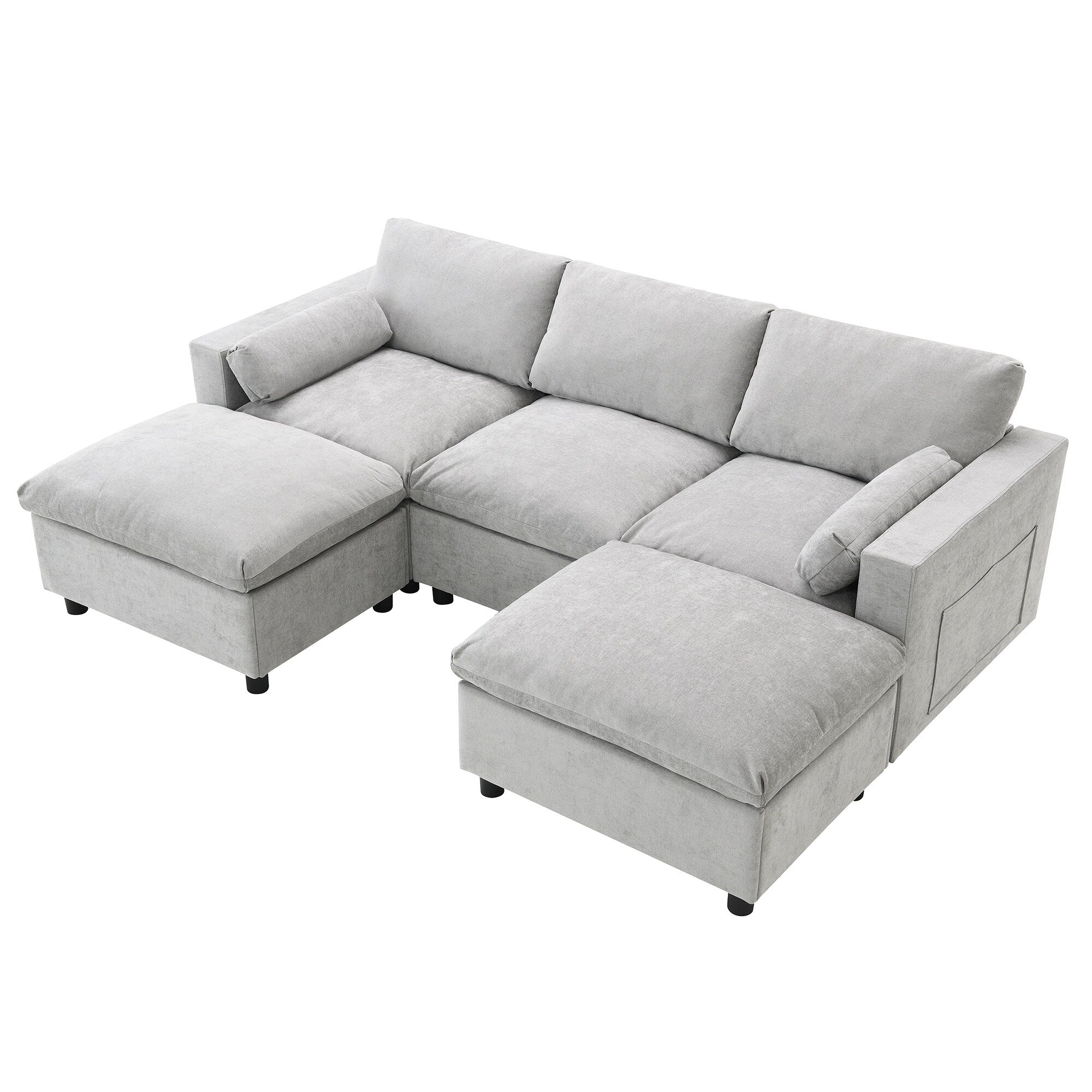 Chenille Modular Sectional Sofa With Storage Pockets, 5 Seat U Shaped Couch Set With Pillows,Cloud Sofa With 2 Movable Ottoman
