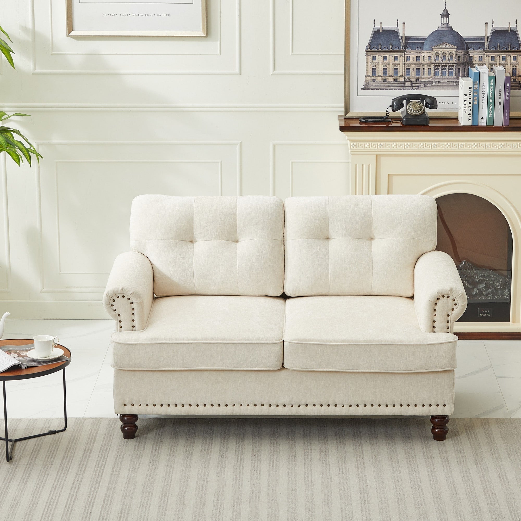 Set of 3 Chenille Sofa Set for Living Room, Button-Tufted & Nailhead Upholstery, Solid Rubberwood Legs