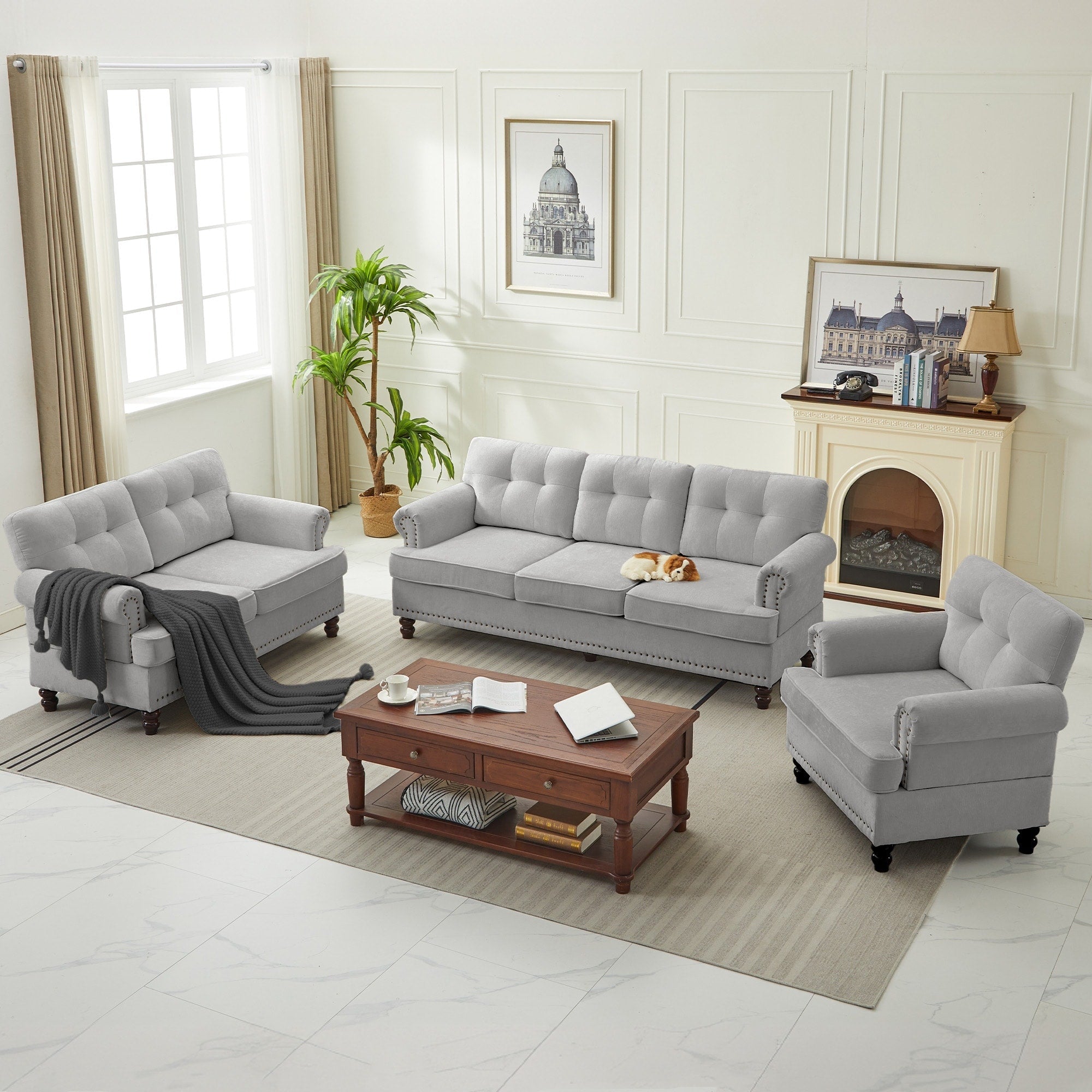 Set of 3 Chenille Sofa Set for Living Room, Button-Tufted & Nailhead Upholstery, Solid Rubberwood Legs