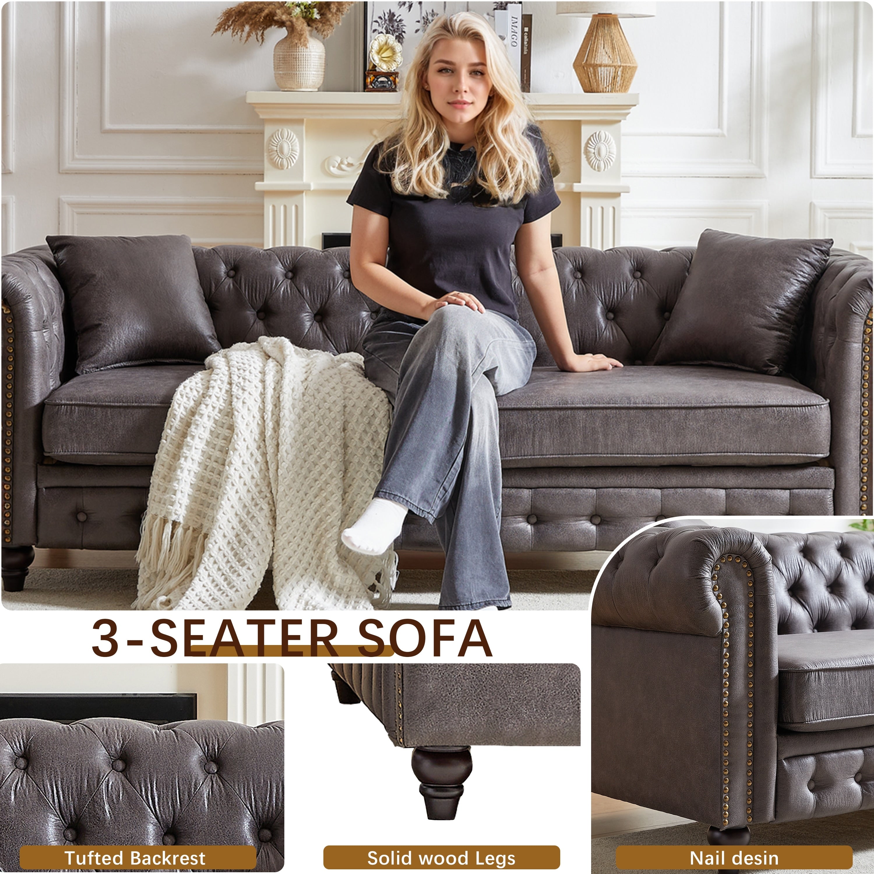 Chesterfield 85.5 Tech Fabric 3-seater Sofa with Cushions