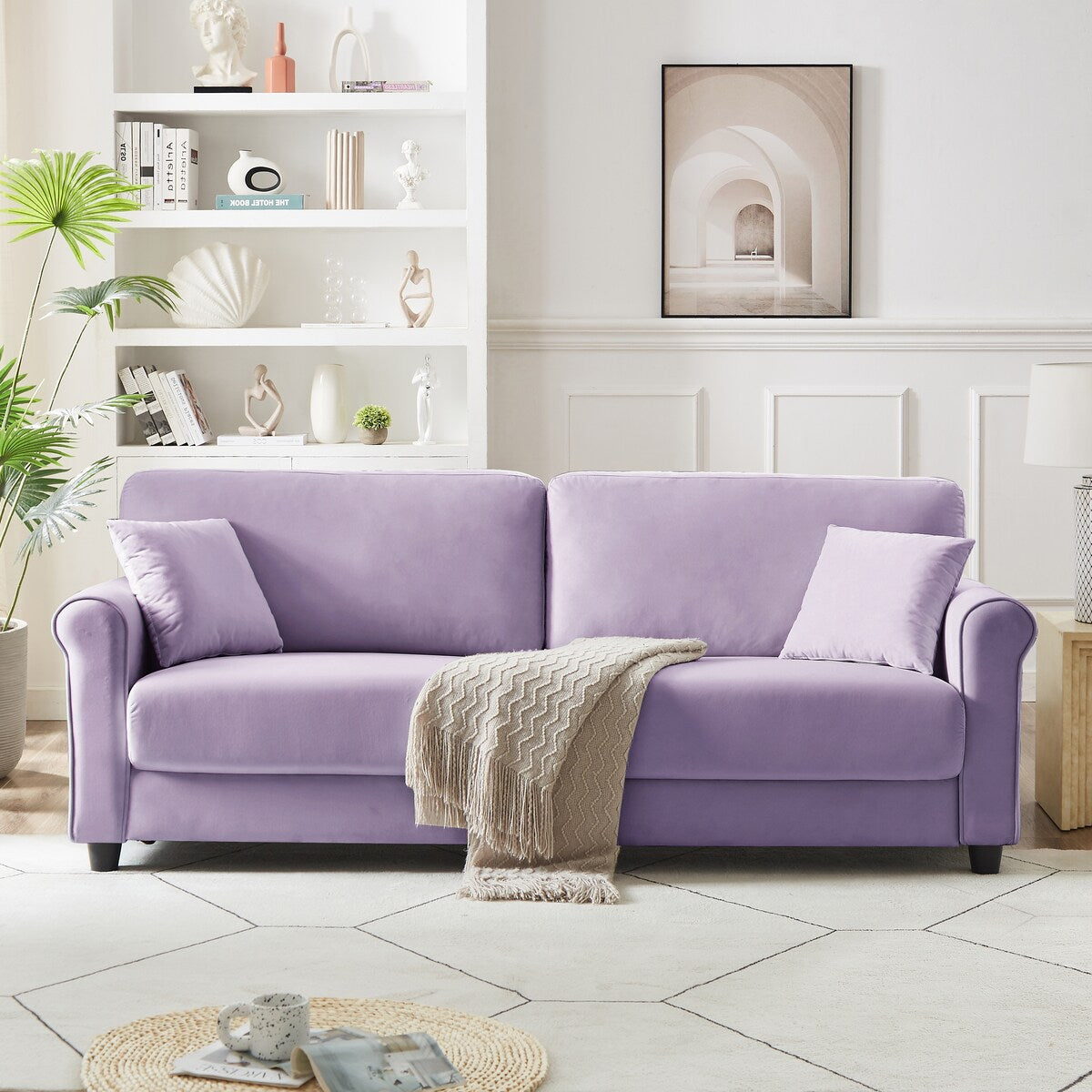 Classic Velvet Sofa Couch with Hardwood Frame, Upholstered Couch, Rounded Arms
