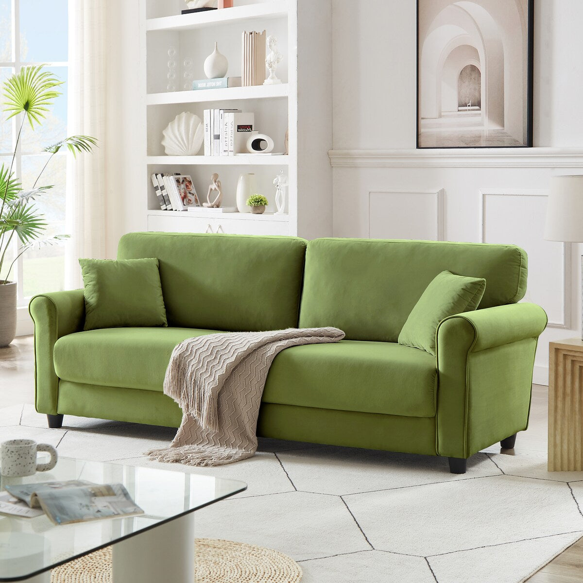 Classic Velvet Sofa Couch with Hardwood Frame, Upholstered Couch, Rounded Arms
