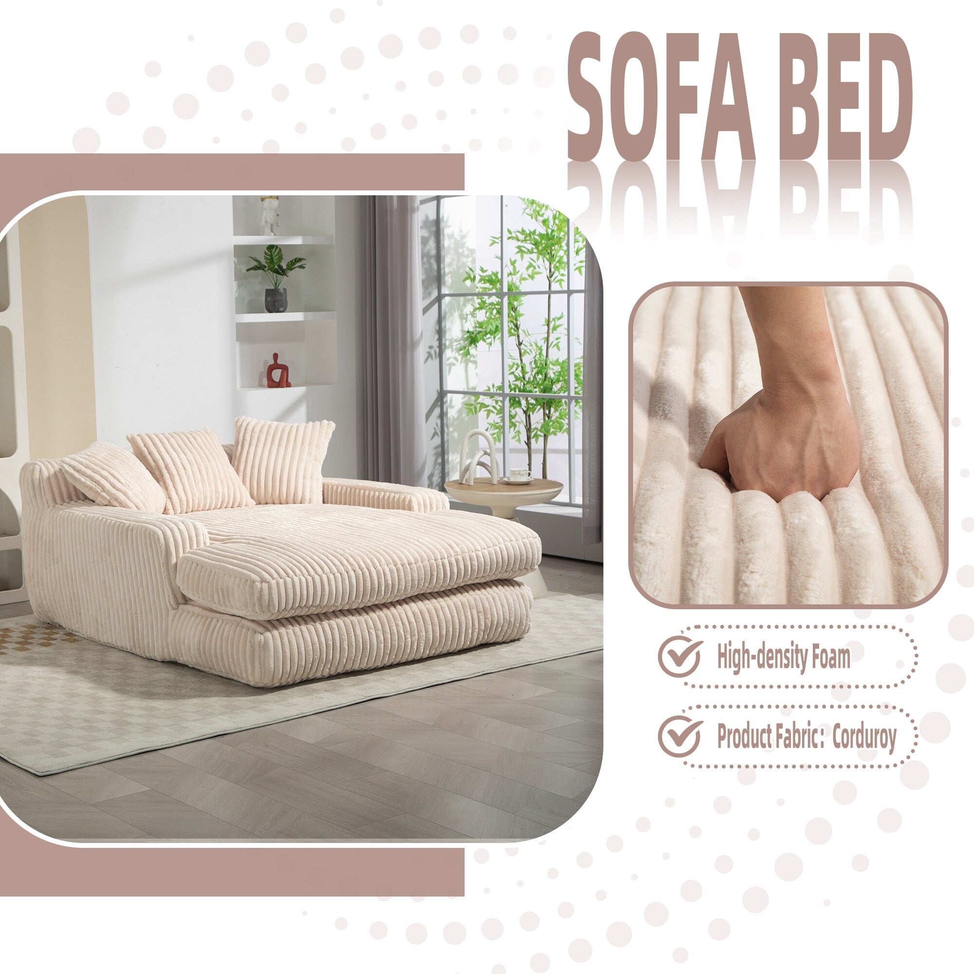 Corduroy Sleeper Sofa with High-Elastic Sponge Cushioning, No-Install Couch for Living Room