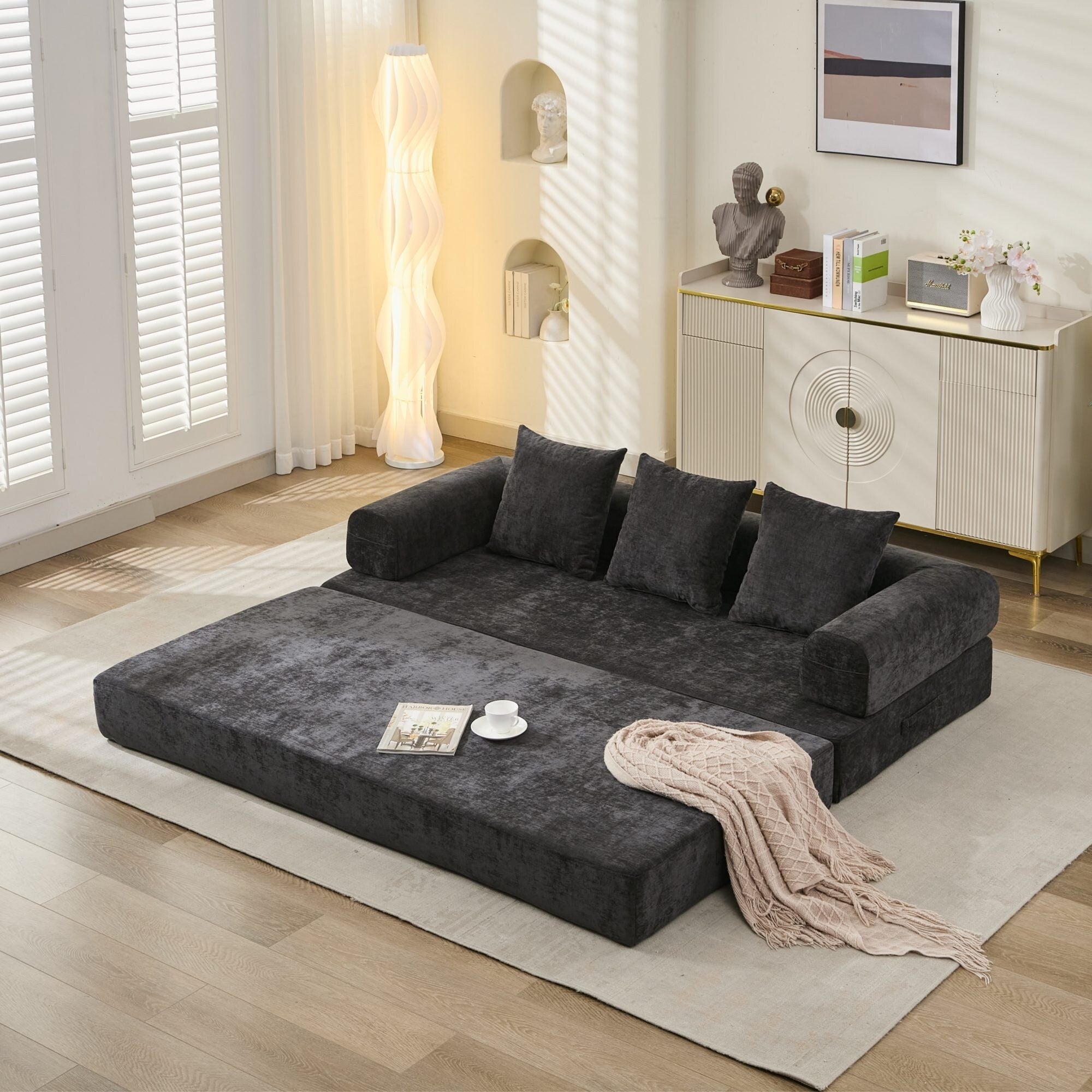 Comfy Convertible Folding Mattress Couch,Floor Sofa Bed, Chenille Floor Sofa With Armrest, Floor Sofa Lounge Couch