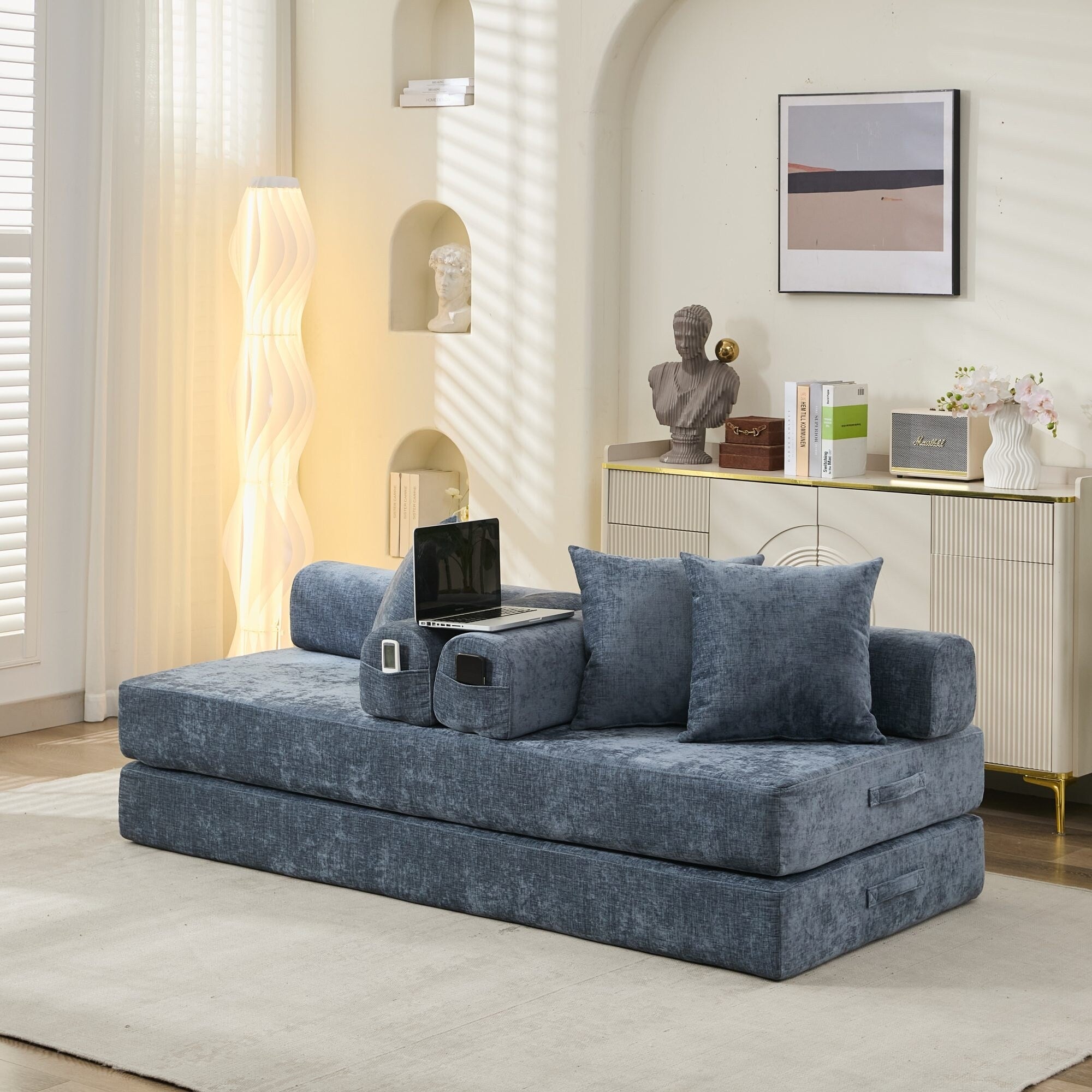 Comfy Convertible Folding Mattress Couch,Floor Sofa Bed, Chenille Floor Sofa With Armrest, Floor Sofa Lounge Couch