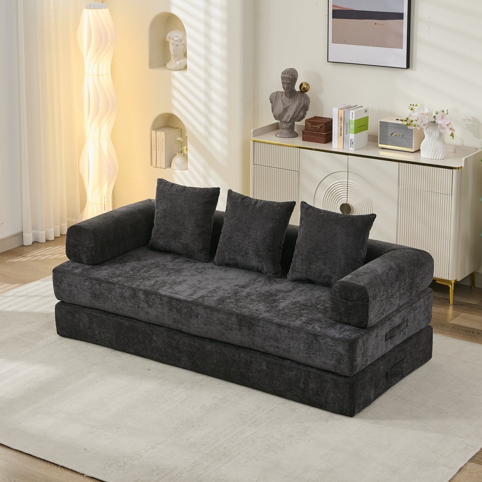 Comfy Convertible Folding Mattress Couch,Floor Sofa Bed, Chenille Floor Sofa With Armrest, Floor Sofa Lounge Couch