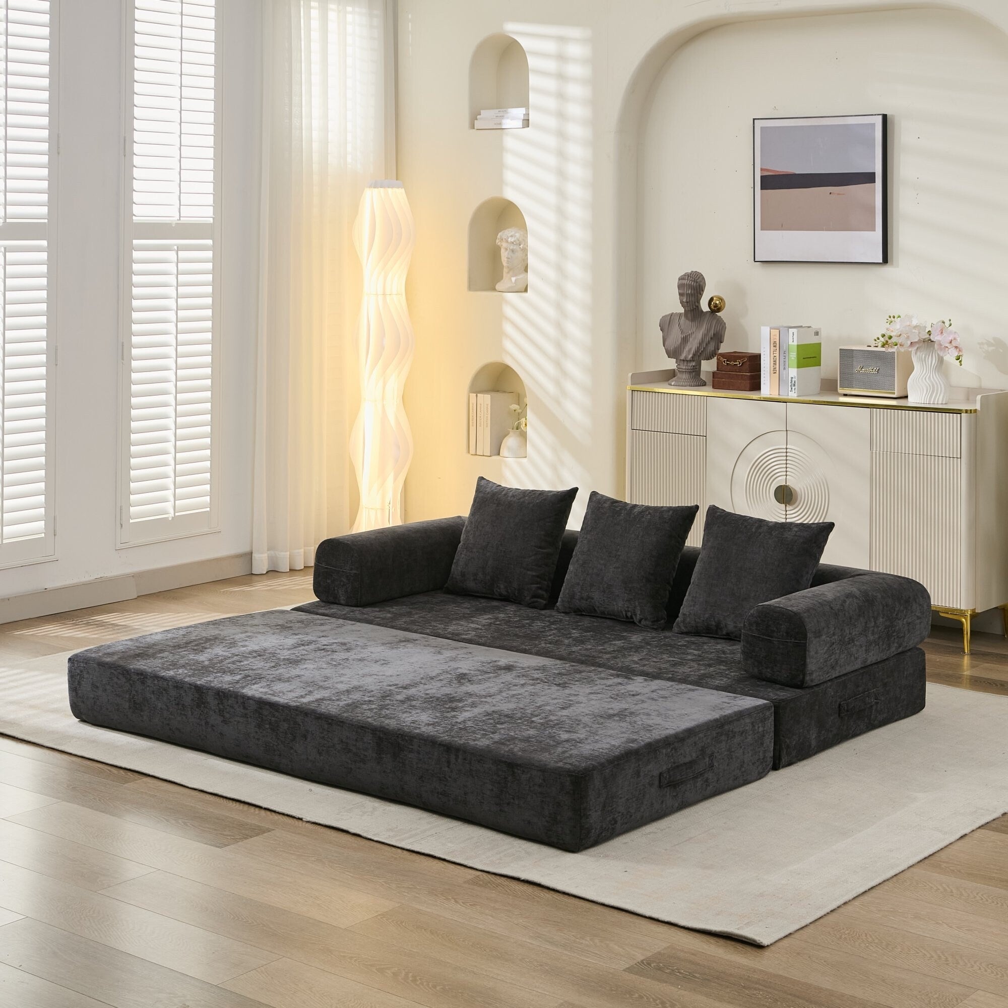 Comfy Convertible Folding Mattress Couch,Floor Sofa Bed, Chenille Floor Sofa With Armrest, Floor Sofa Lounge Couch
