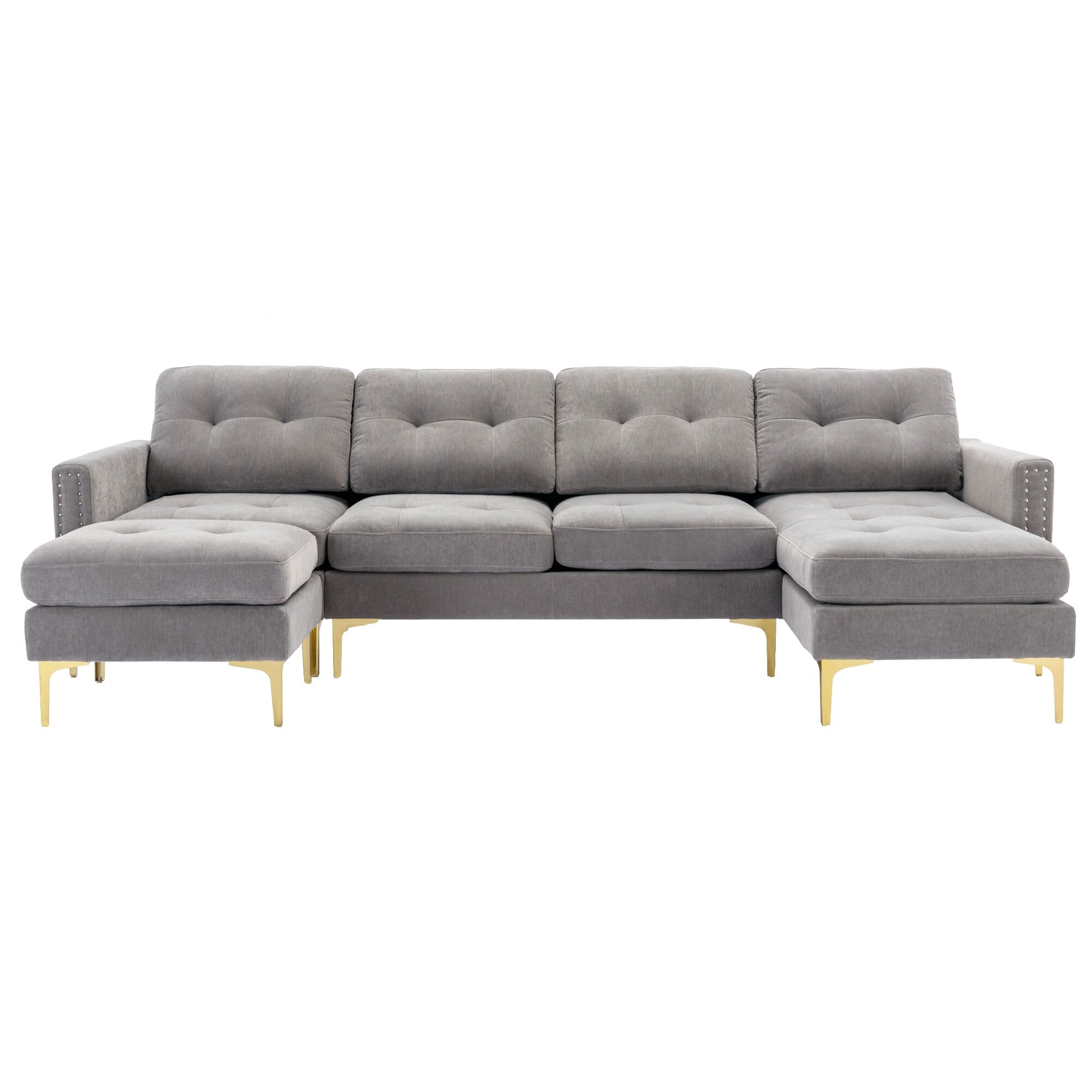 Convertible L-Shaped Velvet Sectional Sofa with Movable Ottoman and Gold Metal Legs for Living Room