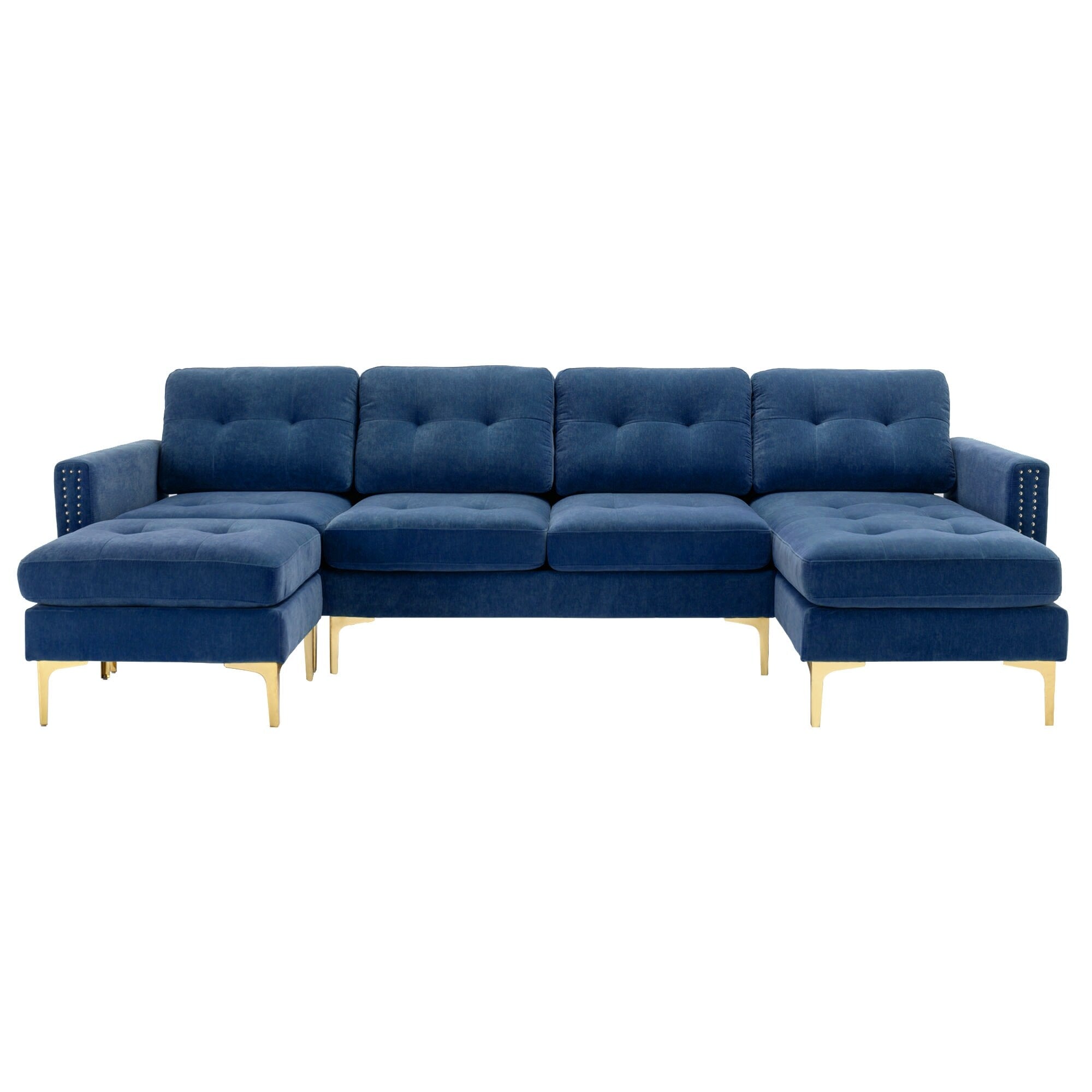 Convertible L-Shaped Velvet Sectional Sofa with Movable Ottoman and Gold Metal Legs for Living Room