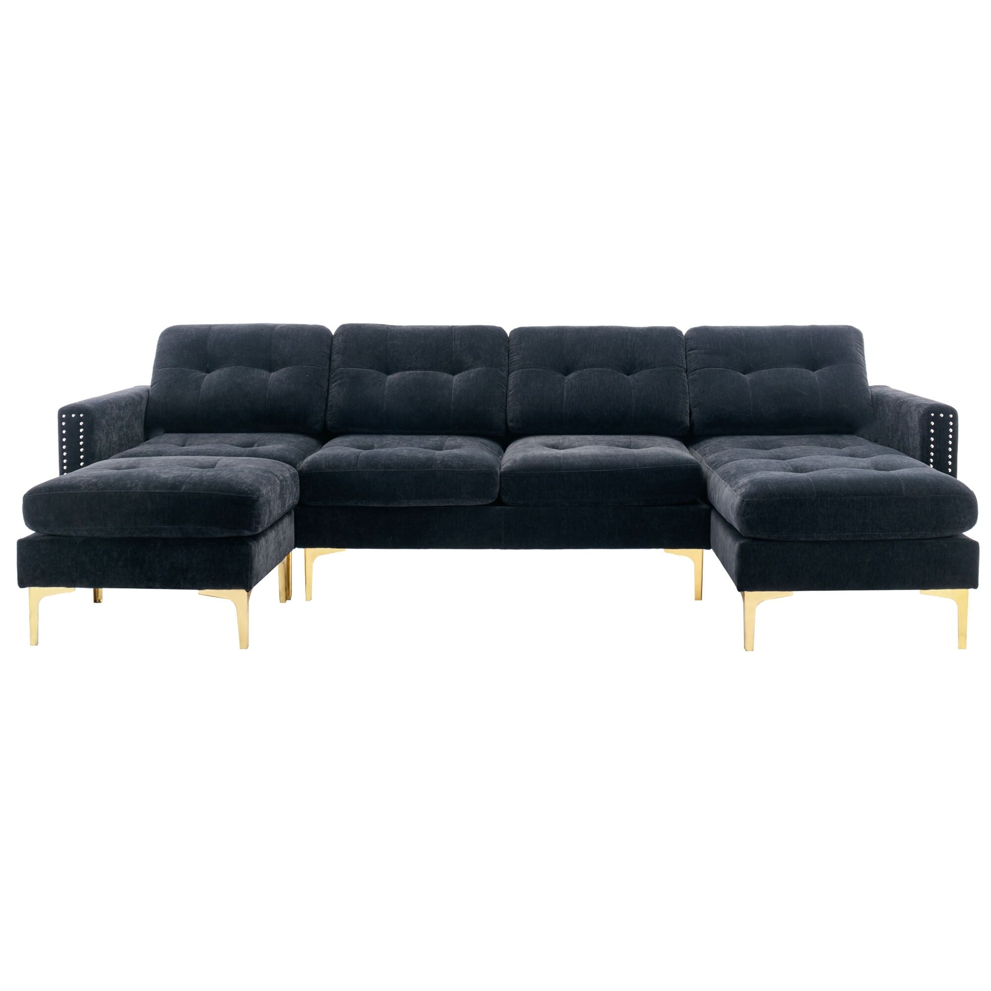 Convertible L-Shaped Velvet Sectional Sofa with Movable Ottoman and Gold Metal Legs for Living Room