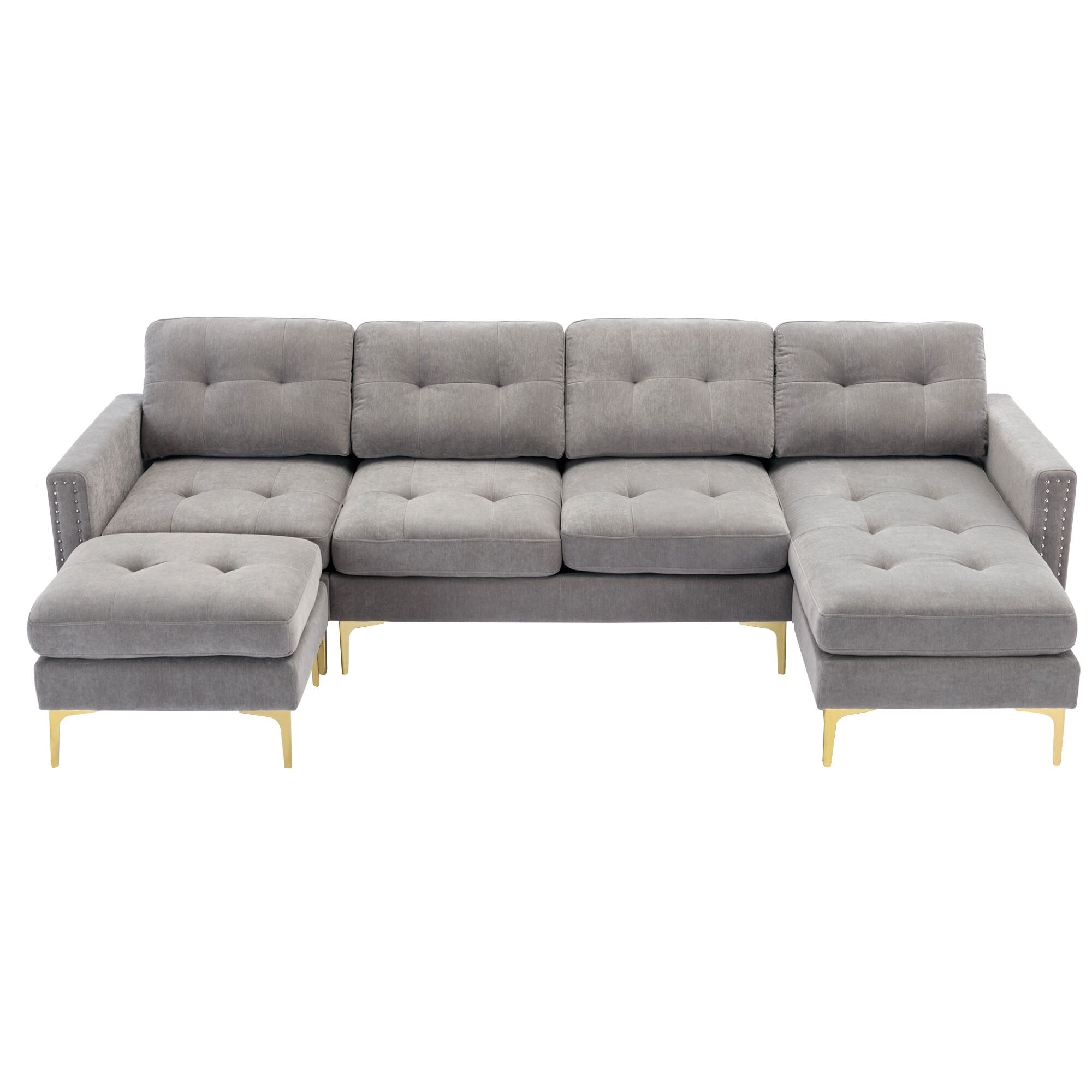 Convertible L-Shaped Velvet Sectional Sofa with Movable Ottoman and Gold Metal Legs for Living Room