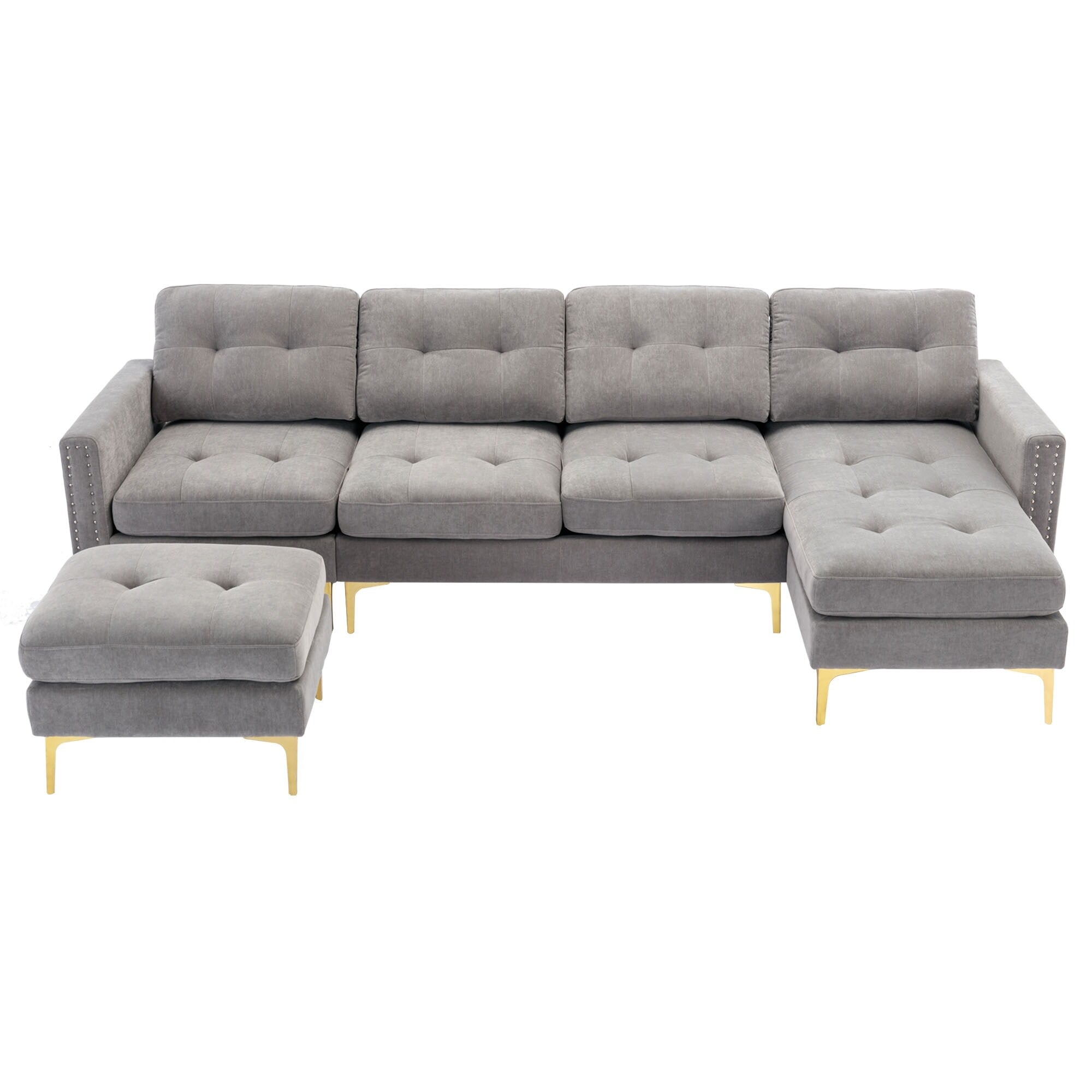 Convertible L-Shaped Velvet Sectional Sofa with Movable Ottoman and Gold Metal Legs for Living Room