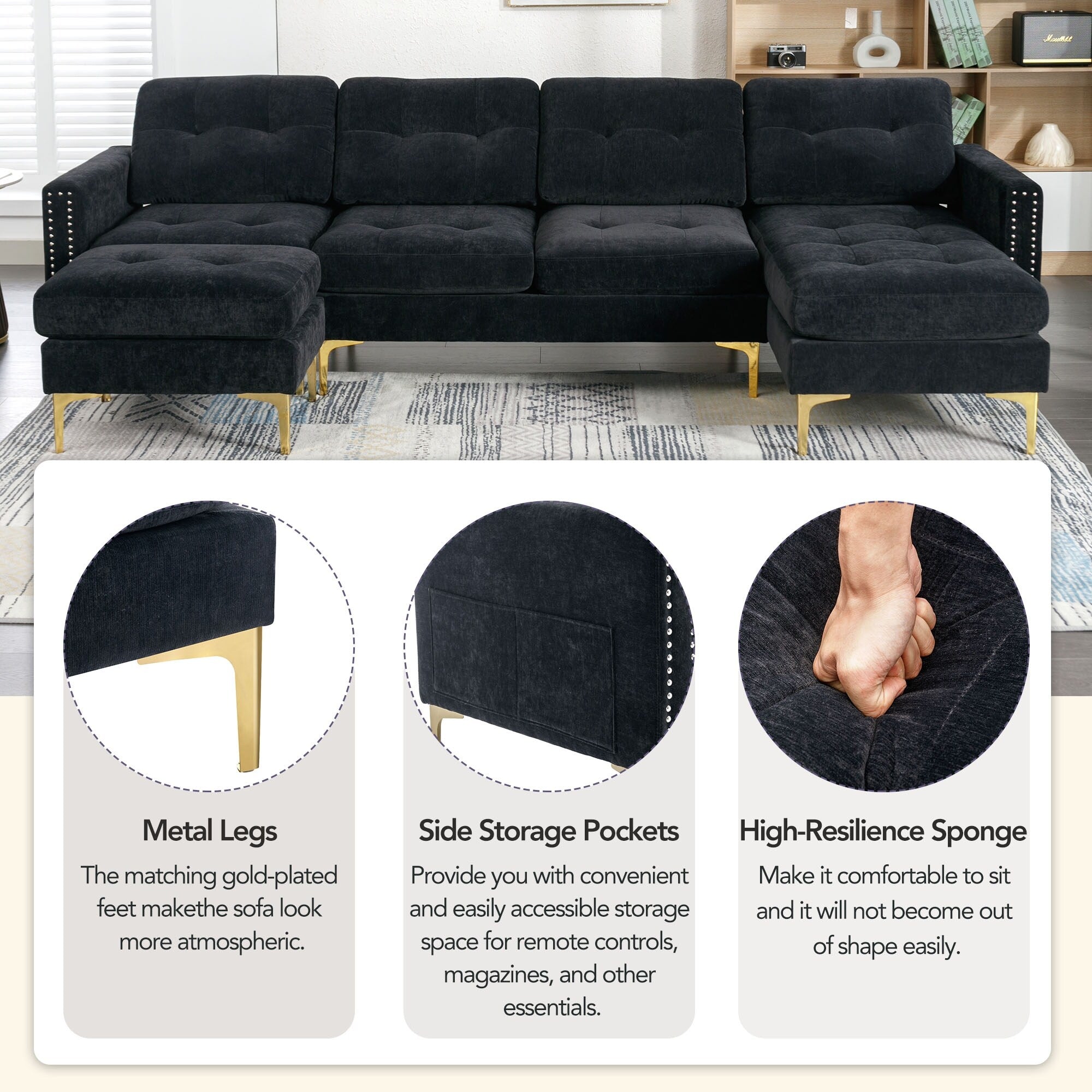 Convertible L-Shaped Velvet Sectional Sofa with Movable Ottoman and Gold Metal Legs for Living Room