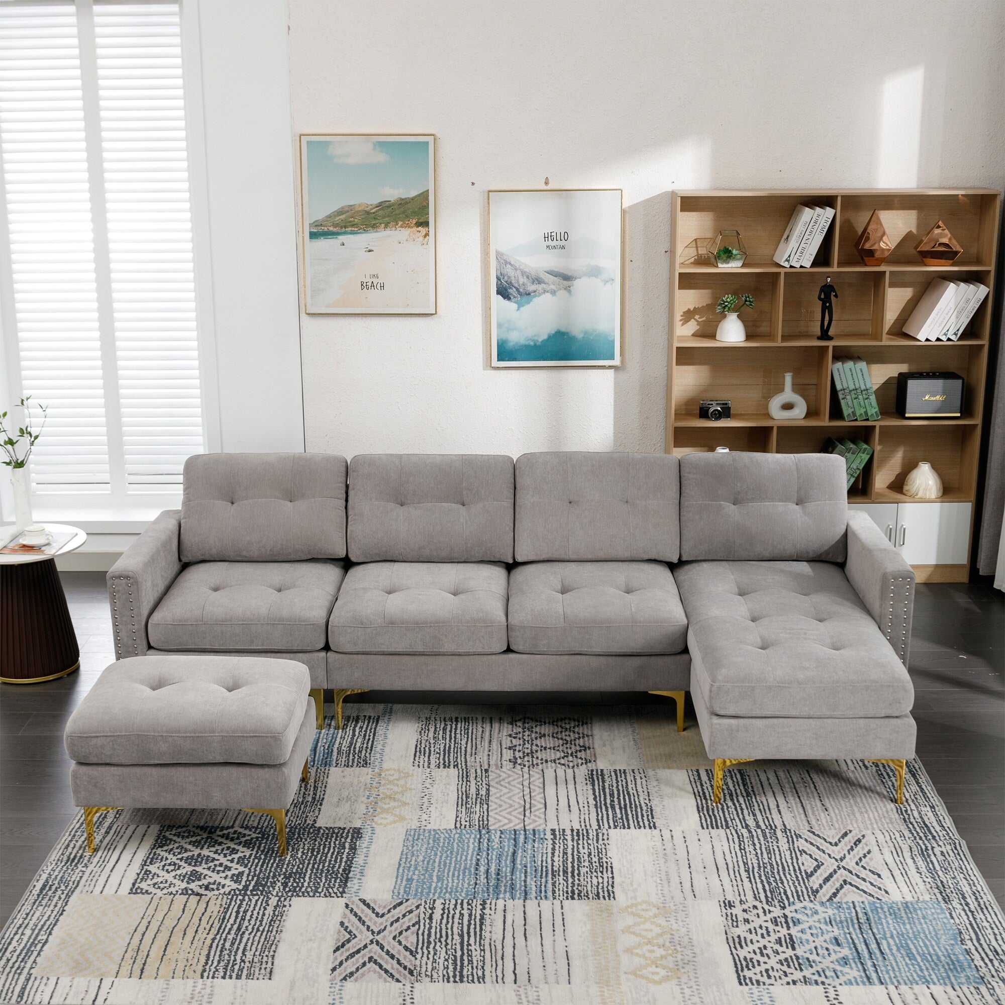 Convertible L-Shaped Velvet Sectional Sofa with Movable Ottoman and Gold Metal Legs for Living Room