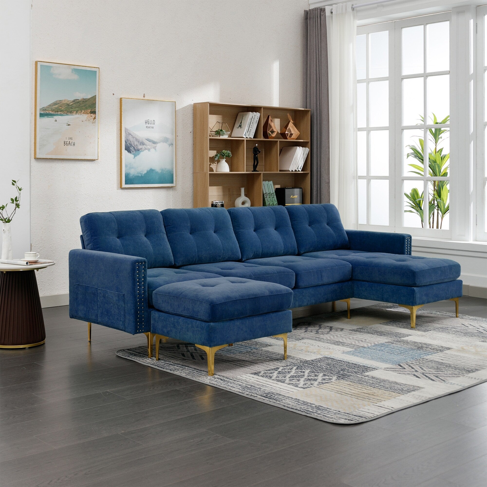 Convertible L-Shaped Velvet Sectional Sofa with Movable Ottoman and Gold Metal Legs for Living Room