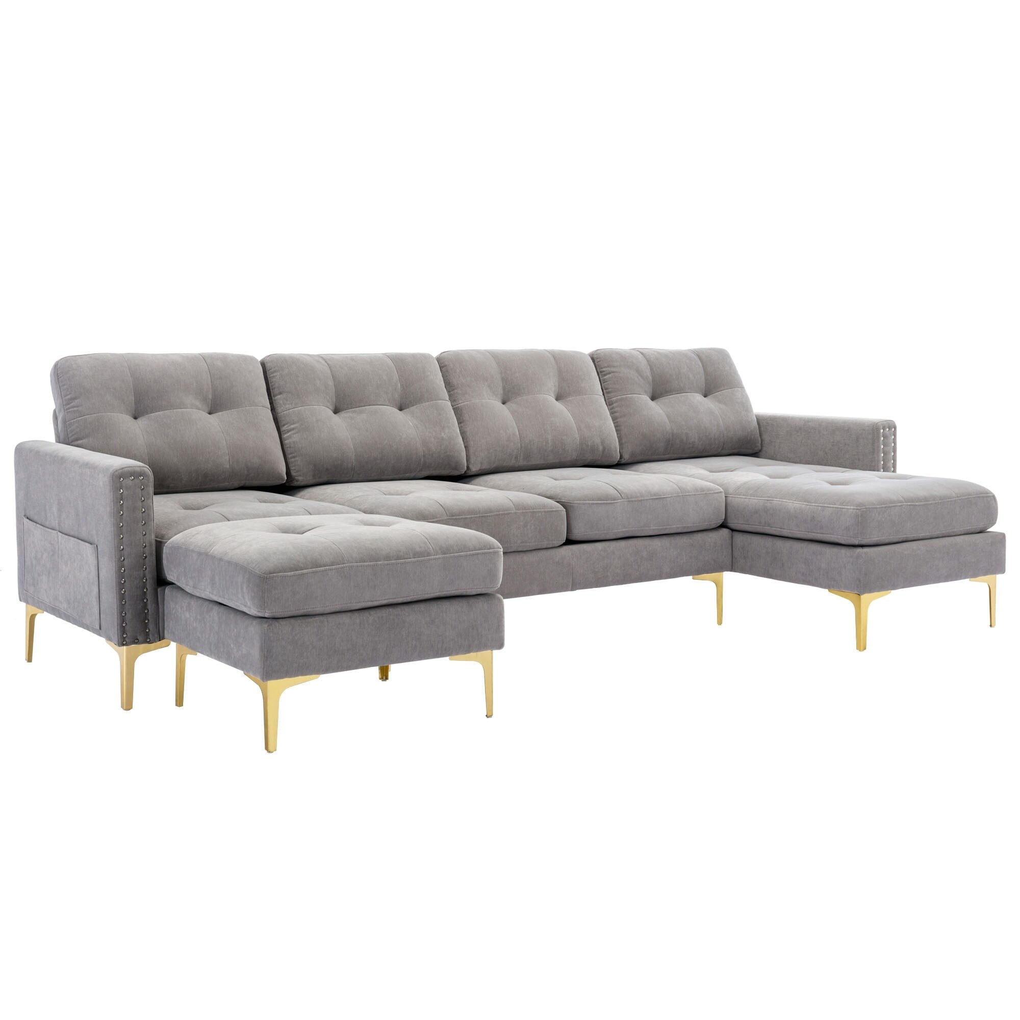 Convertible L-Shaped Velvet Sectional Sofa with Movable Ottoman and Gold Metal Legs for Living Room