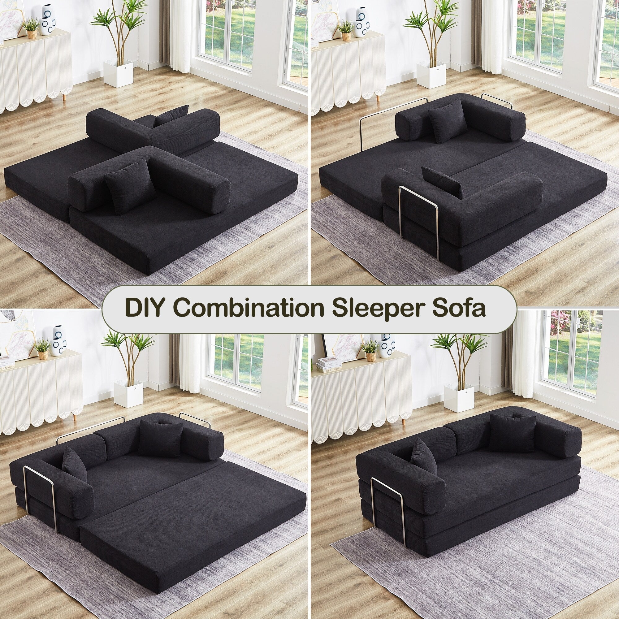 Convertible Sleeper Sofa Bed with Pillow, 4-in-1 Corduroy Folding Mattress Couch with Fixed-Shape Frame