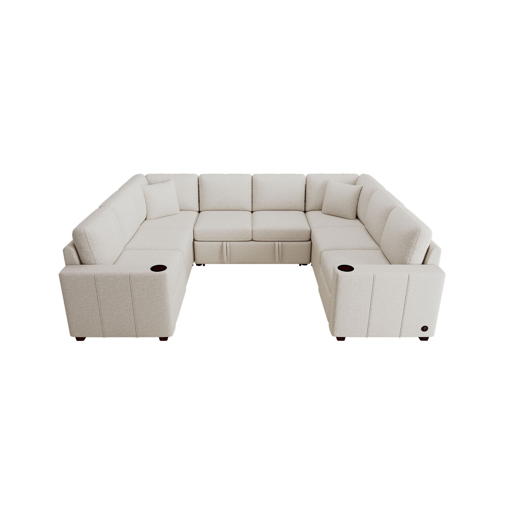 Convertible U-Shaped Sectional Sofa with Pull-Out Bed, USB Ports and Cup Holders for Living Room