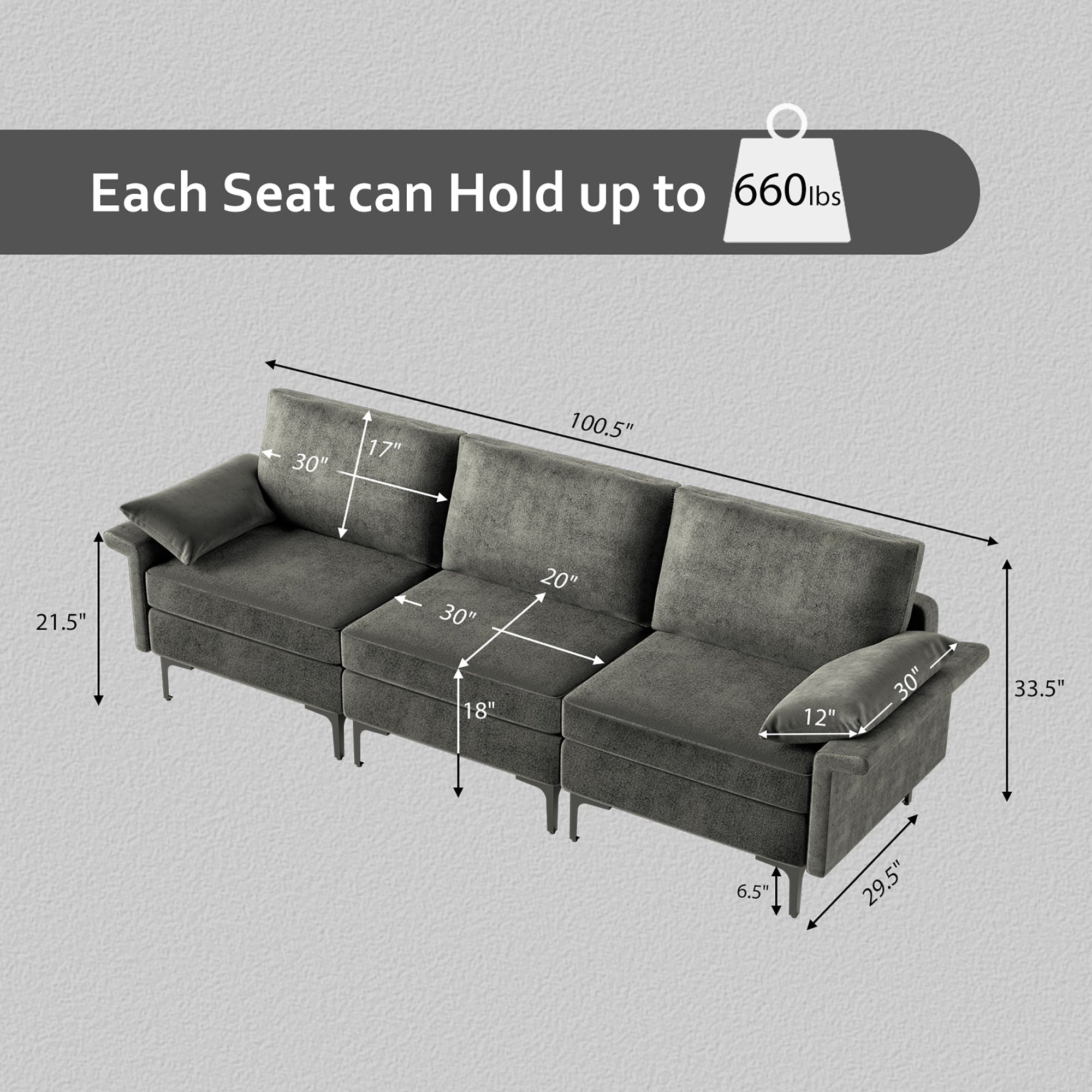 Costway Modern Modular Fabric 3-Seat Sofa Couch Living Room Furniture - See Details