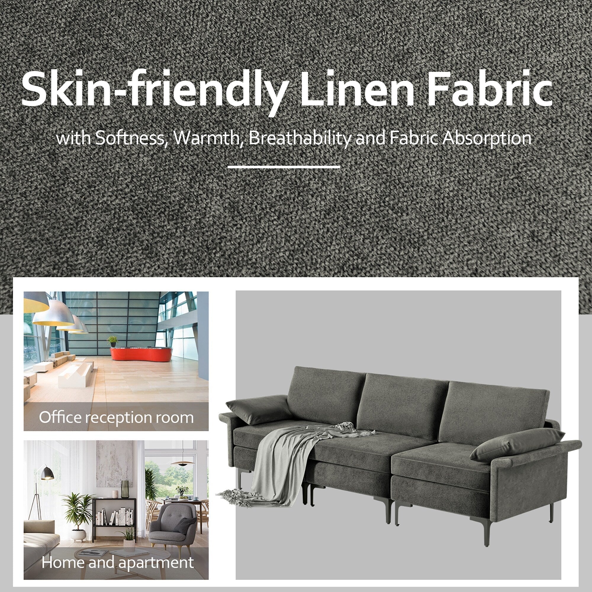 Costway Modern Modular Fabric 3-Seat Sofa Couch Living Room Furniture - See Details