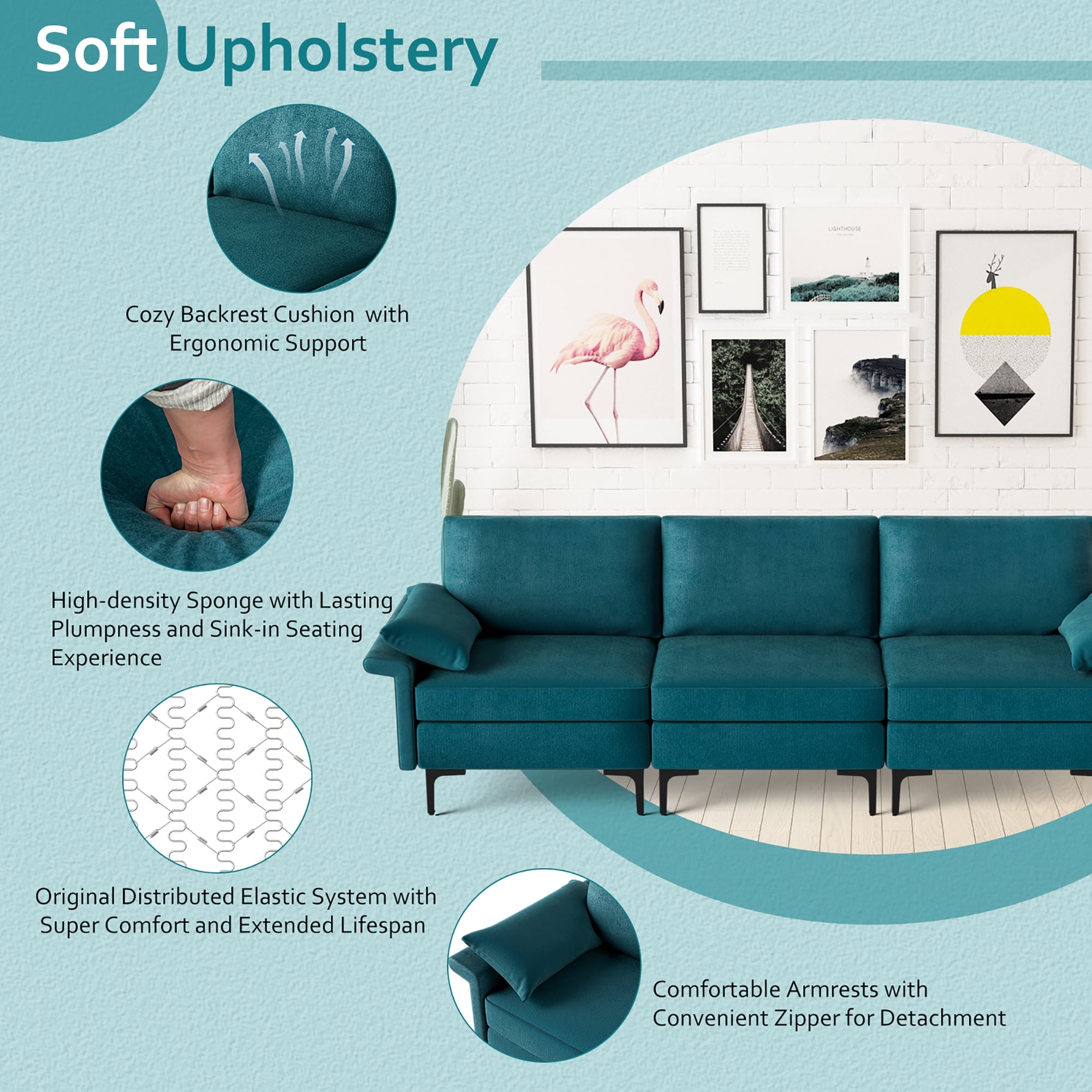 Costway Modern Modular Fabric 3-Seat Sofa Couch Living Room Furniture - See Details