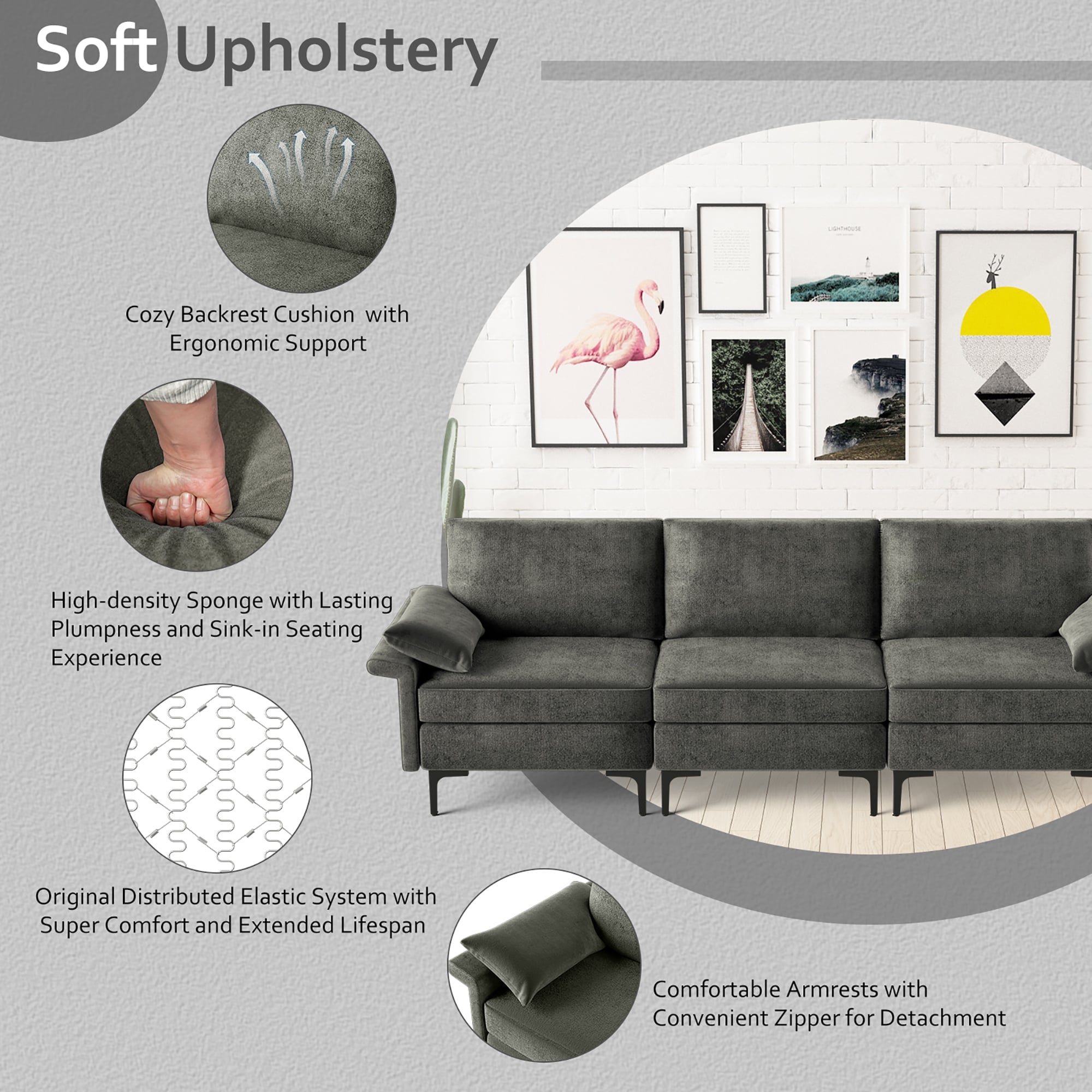 Costway Modern Modular Fabric 3-Seat Sofa Couch Living Room Furniture - See Details