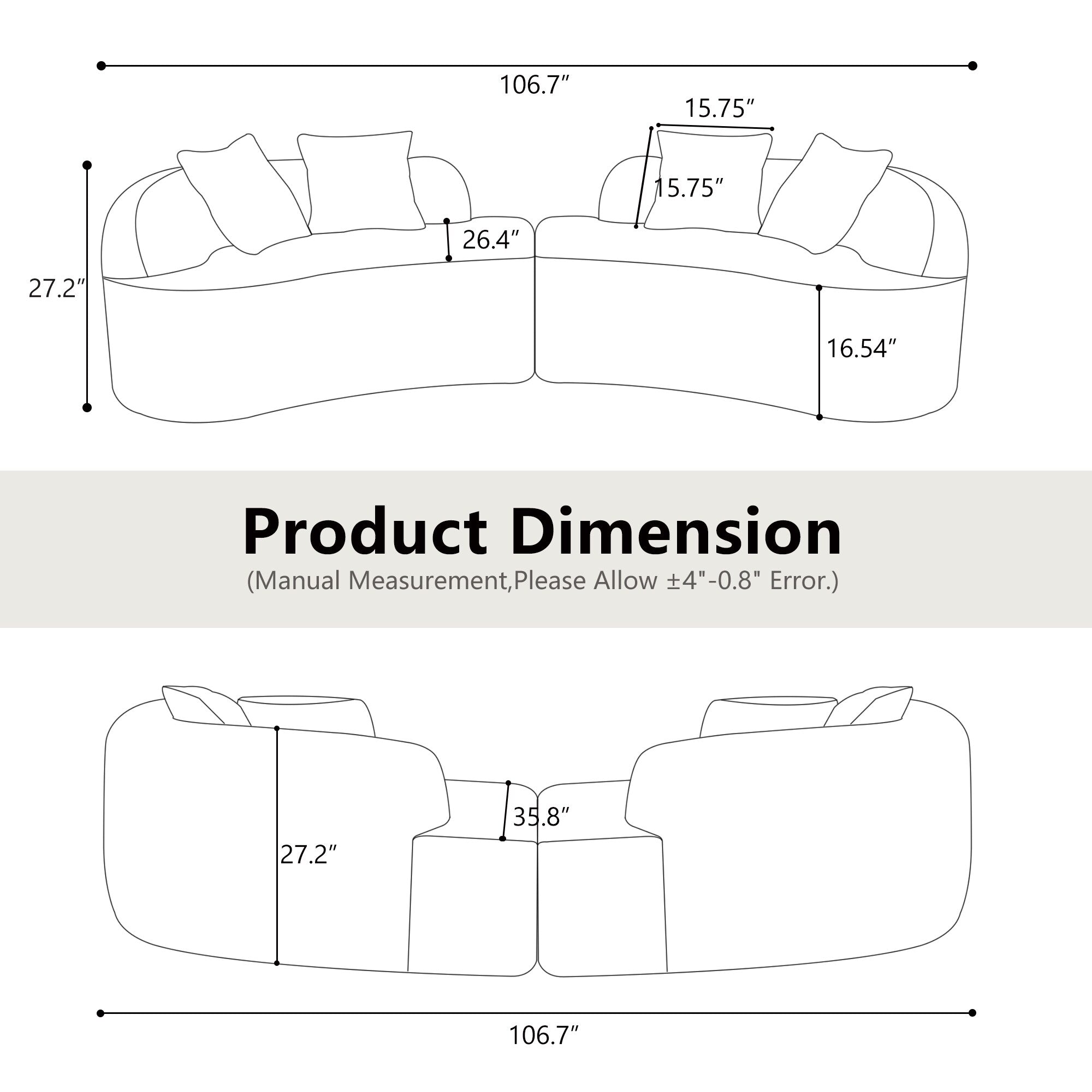 Curved Four Seater White Full Compression Sponge Sofa, No-Assembly Compact Sofa for Small Spaces & Apartments