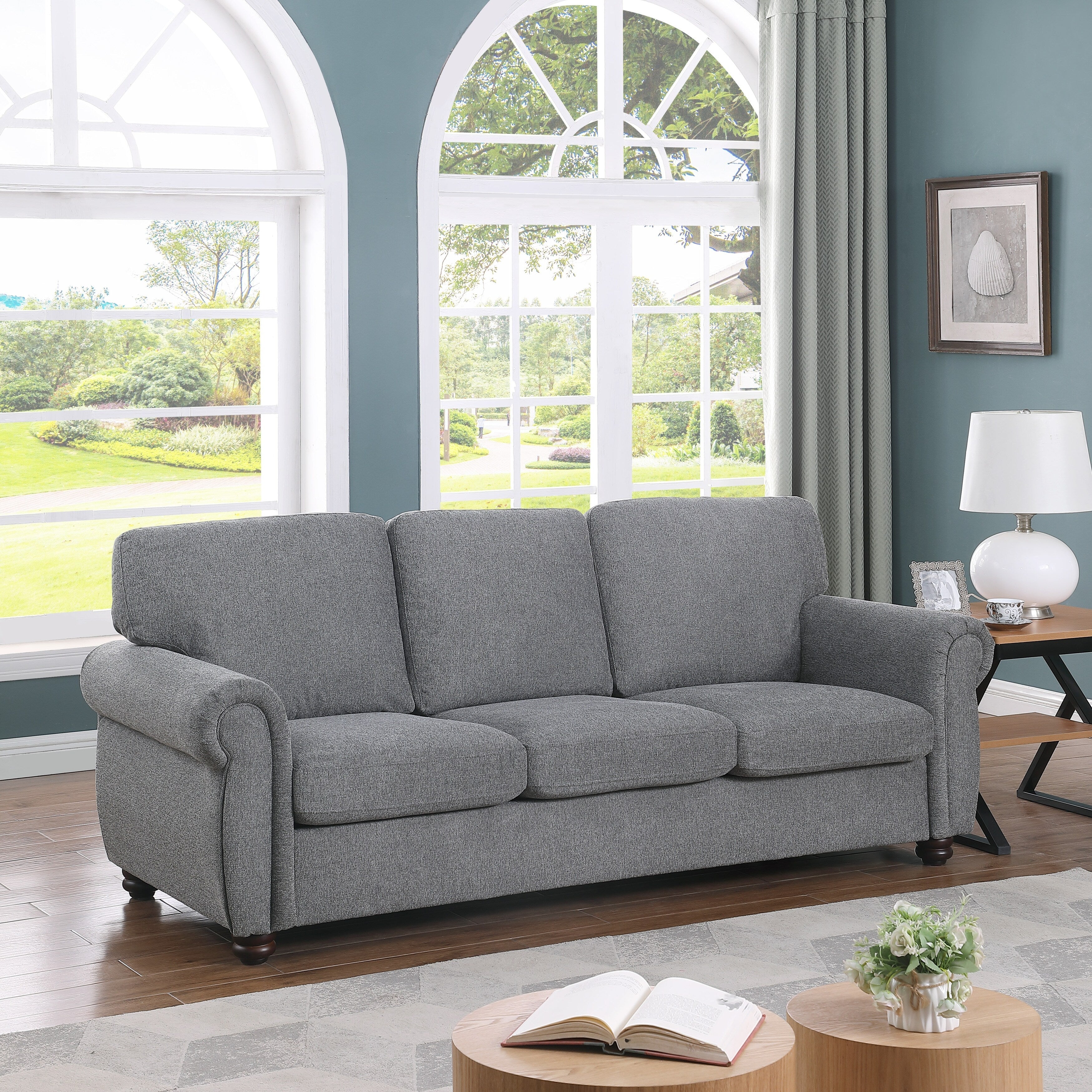 Dark Grey Soft Chenille 3-Seat Sofa with Solid Wood Frame - 34.40 x 84.60 x 33.85