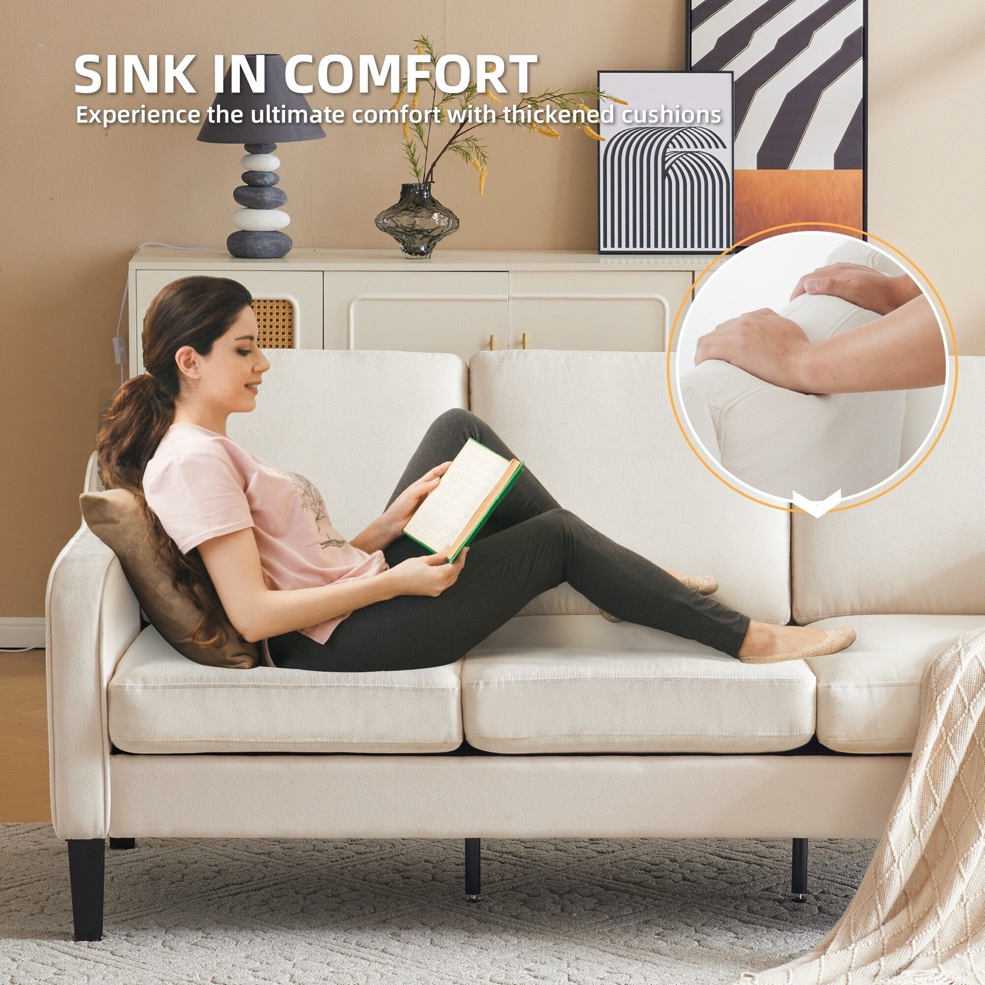 EROMMY Modern 3-Seater Fabric Sofa Couch, Ergonomic Living Room Couch with Washable Cushions and Solid Wood Legs, Gray or Beige
