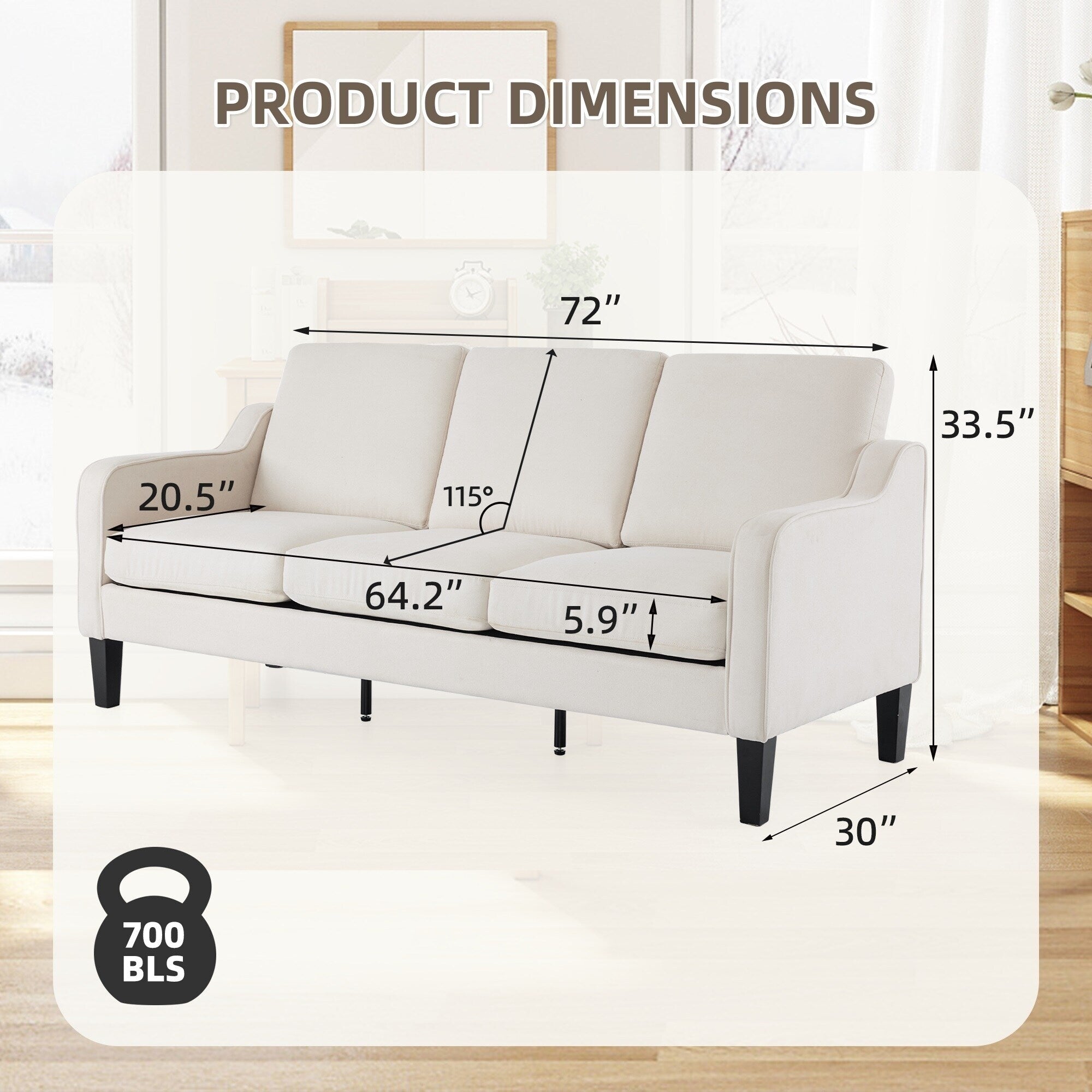 EROMMY Modern 3-Seater Fabric Sofa Couch, Ergonomic Living Room Couch with Washable Cushions and Solid Wood Legs, Gray or Beige