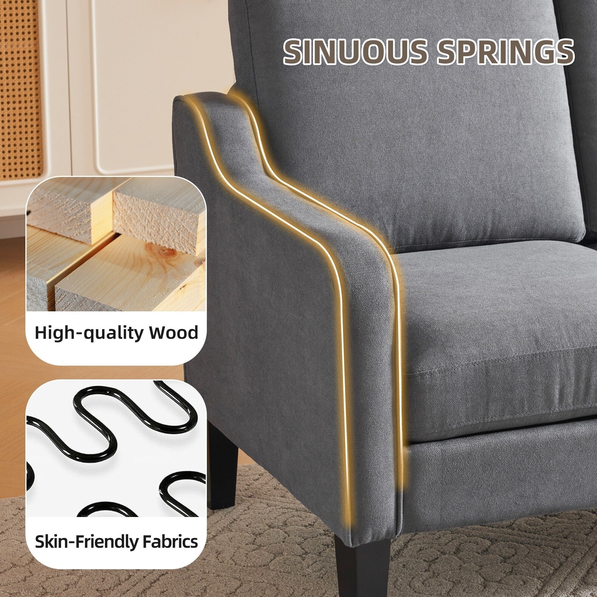EROMMY Modern 3-Seater Fabric Sofa Couch, Ergonomic Living Room Couch with Washable Cushions and Solid Wood Legs, Gray or Beige