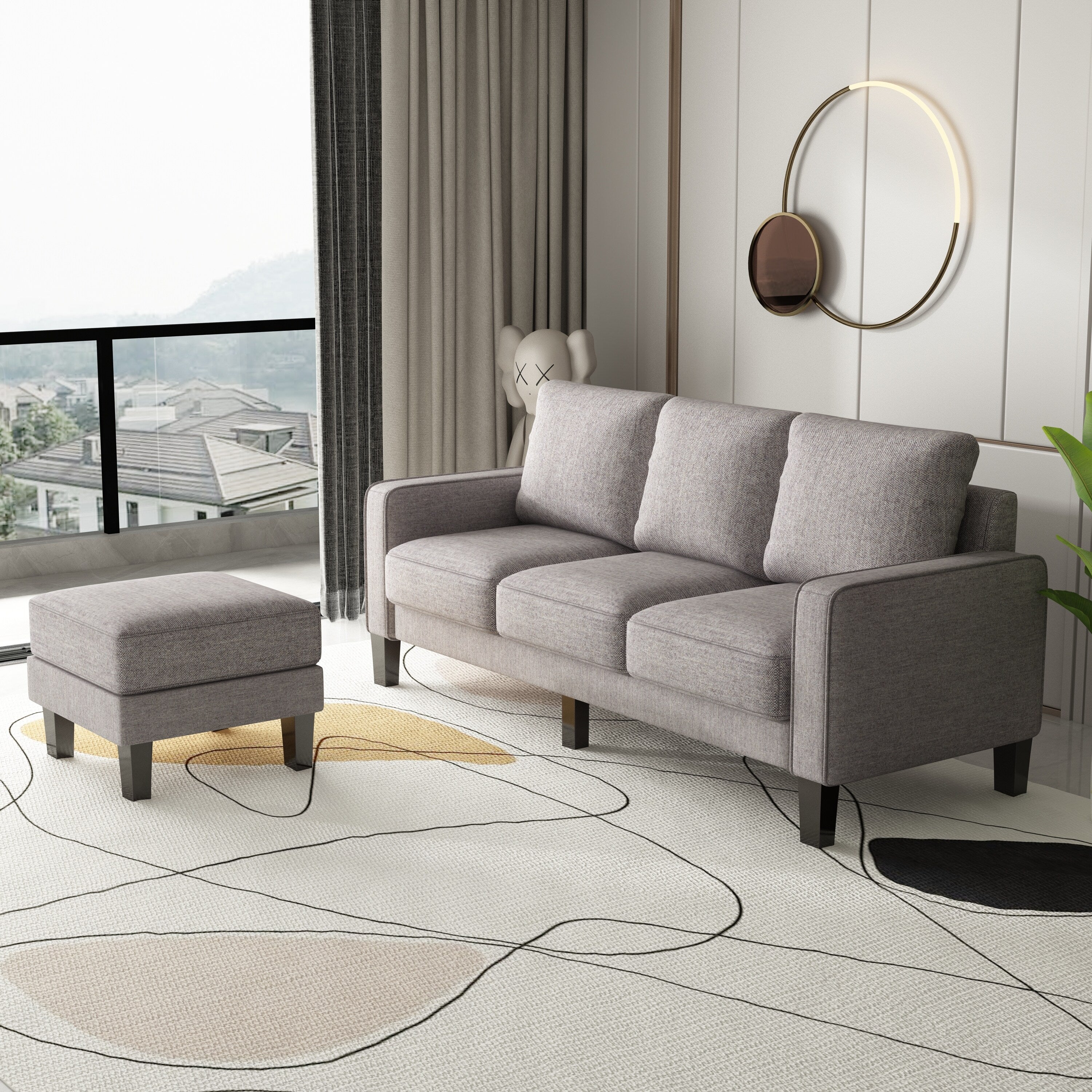 Upholstered 3-Seat Sofa with Ottoman, Removable Cushion Cover and Small Storage Space
