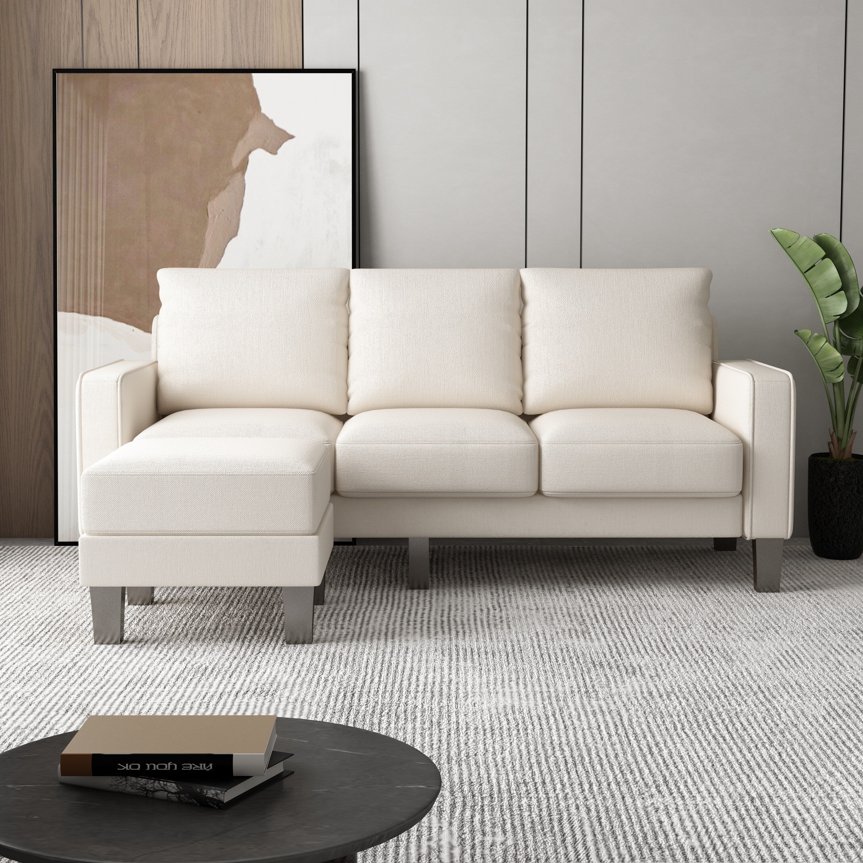 Upholstered 3-Seat Sofa with Ottoman, Removable Cushion Cover and Small Storage Space