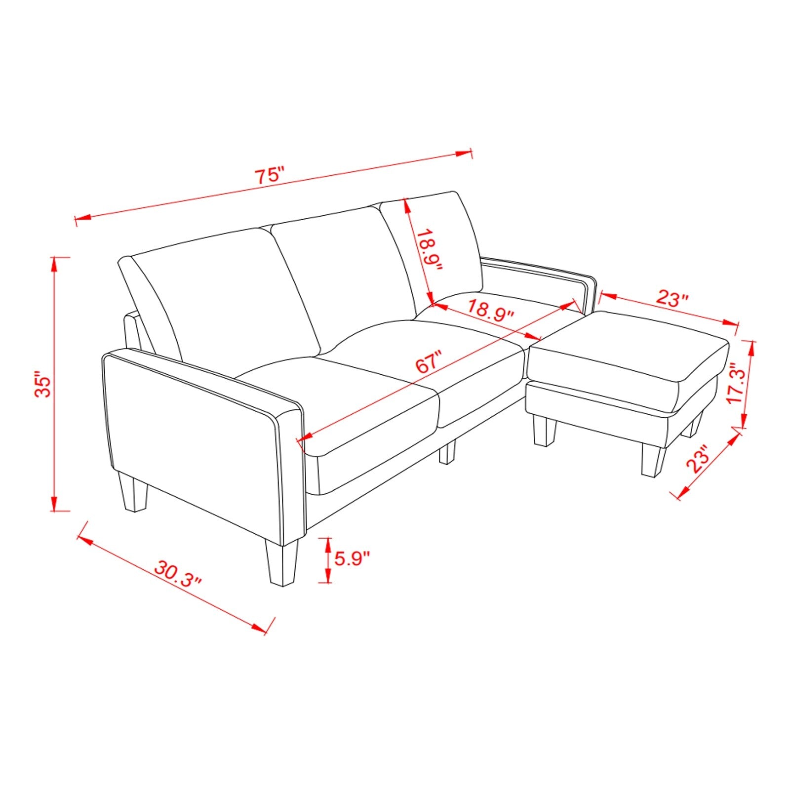 Upholstered 3-Seat Sofa with Ottoman, Removable Cushion Cover and Small Storage Space