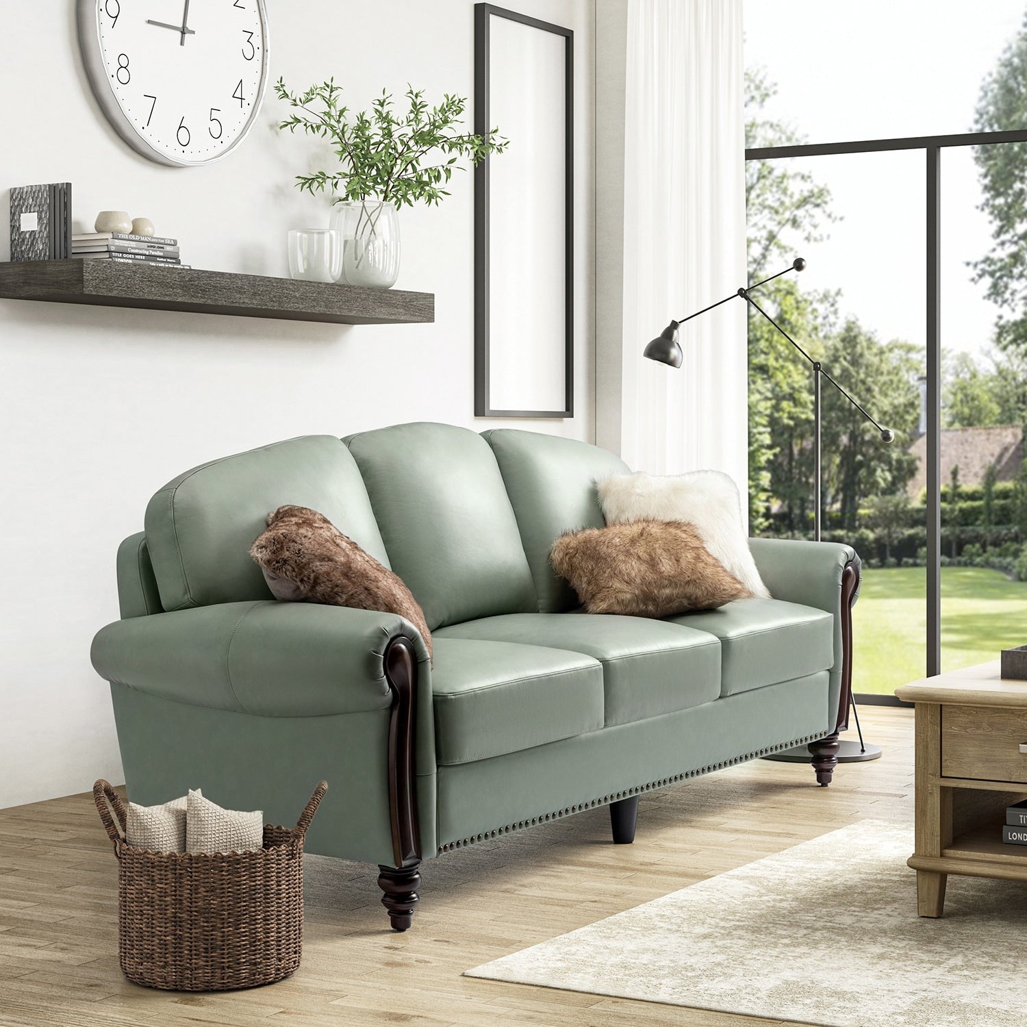 Eduard 84 Traditional Genuine Leather Sofa with Carved Wood Legs by HULALA HOME