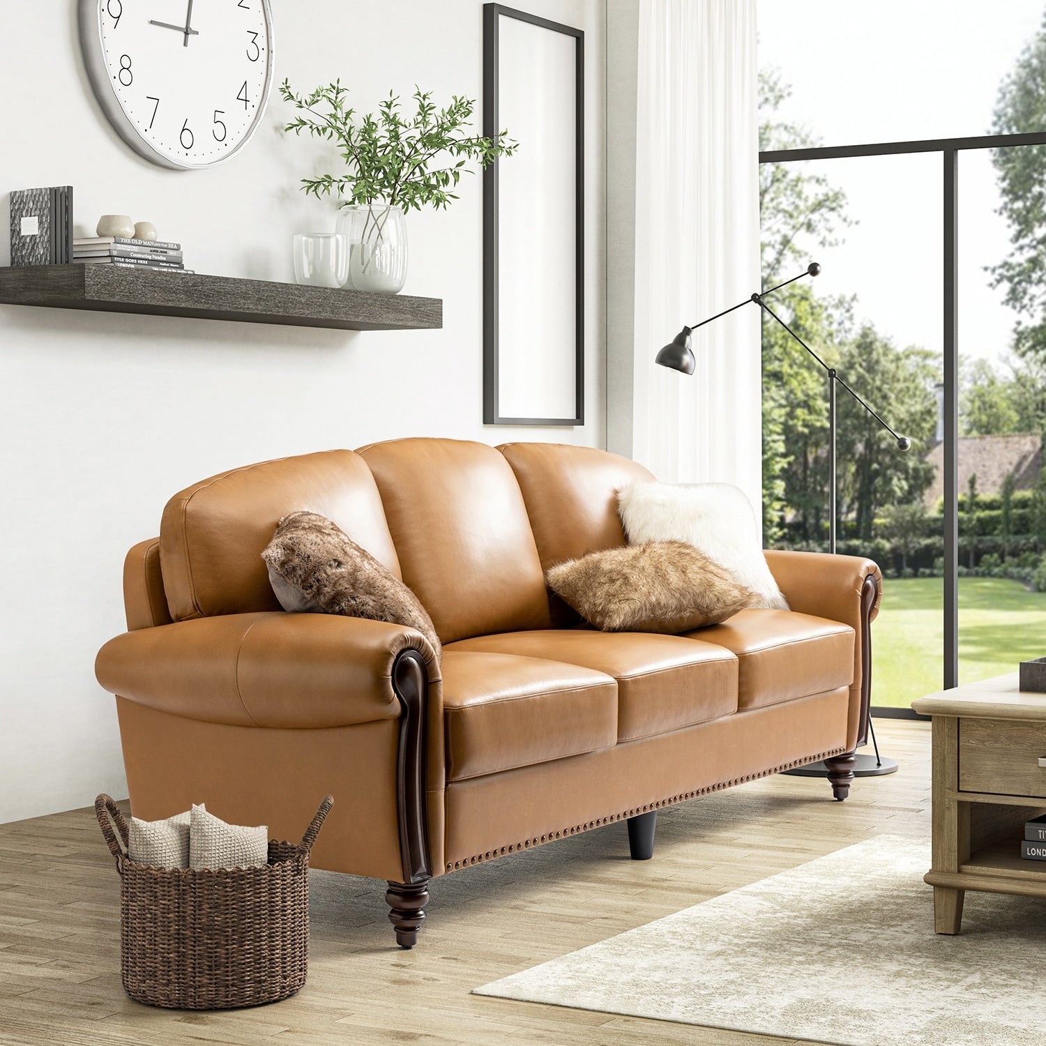 Eduard 84 Traditional Genuine Leather Sofa with Carved Wood Legs by HULALA HOME
