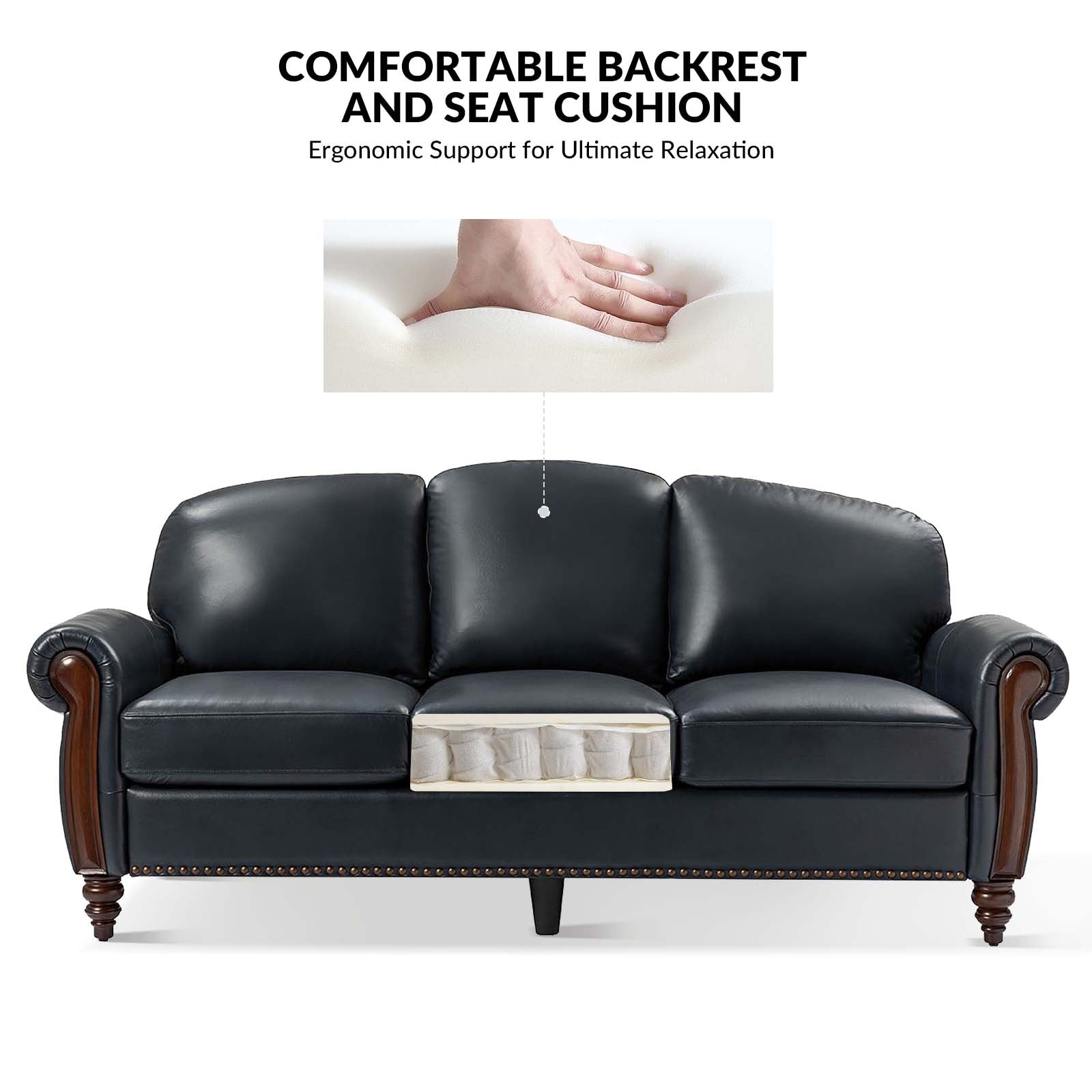 Eduard 84 Traditional Genuine Leather Sofa with Carved Wood Legs by HULALA HOME