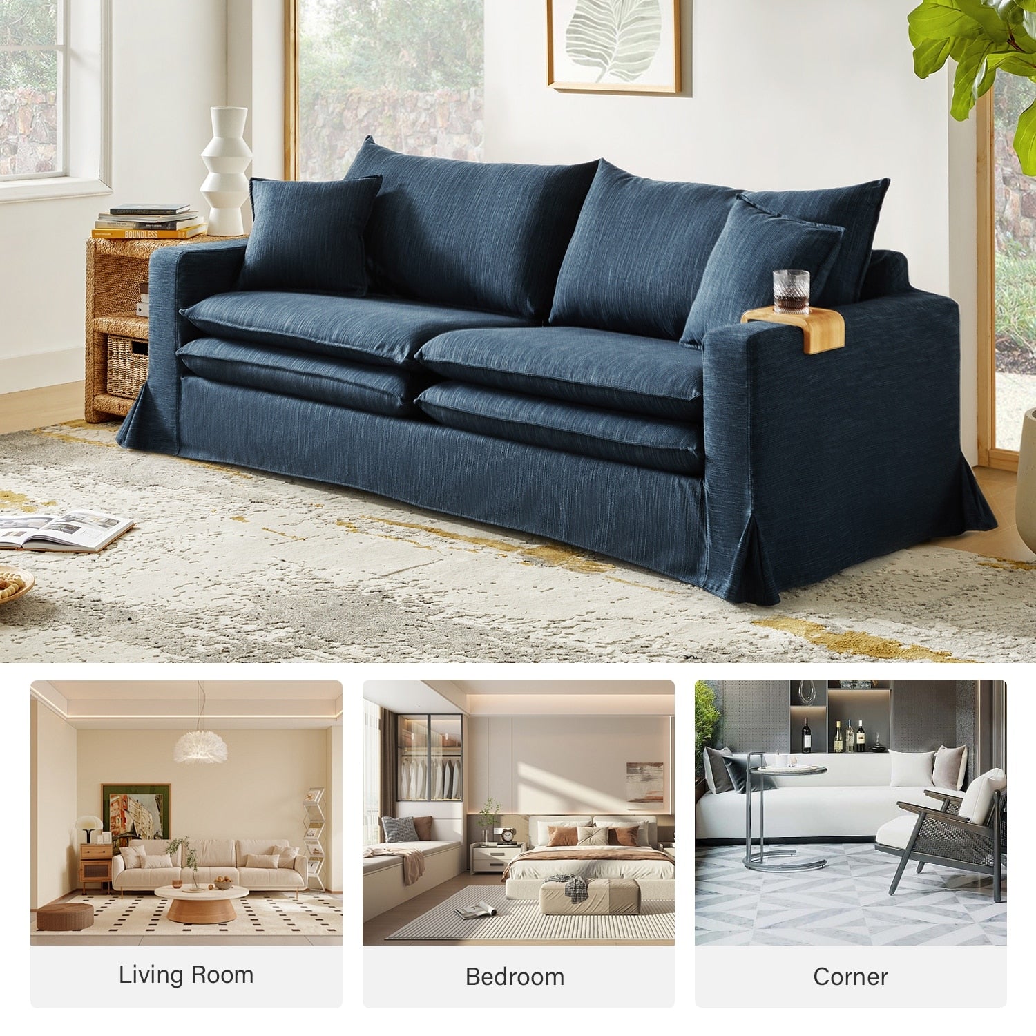 Elias Modern Slipcovered Sofa with Cup Holder and Reversible Cushions by HULALA HOME