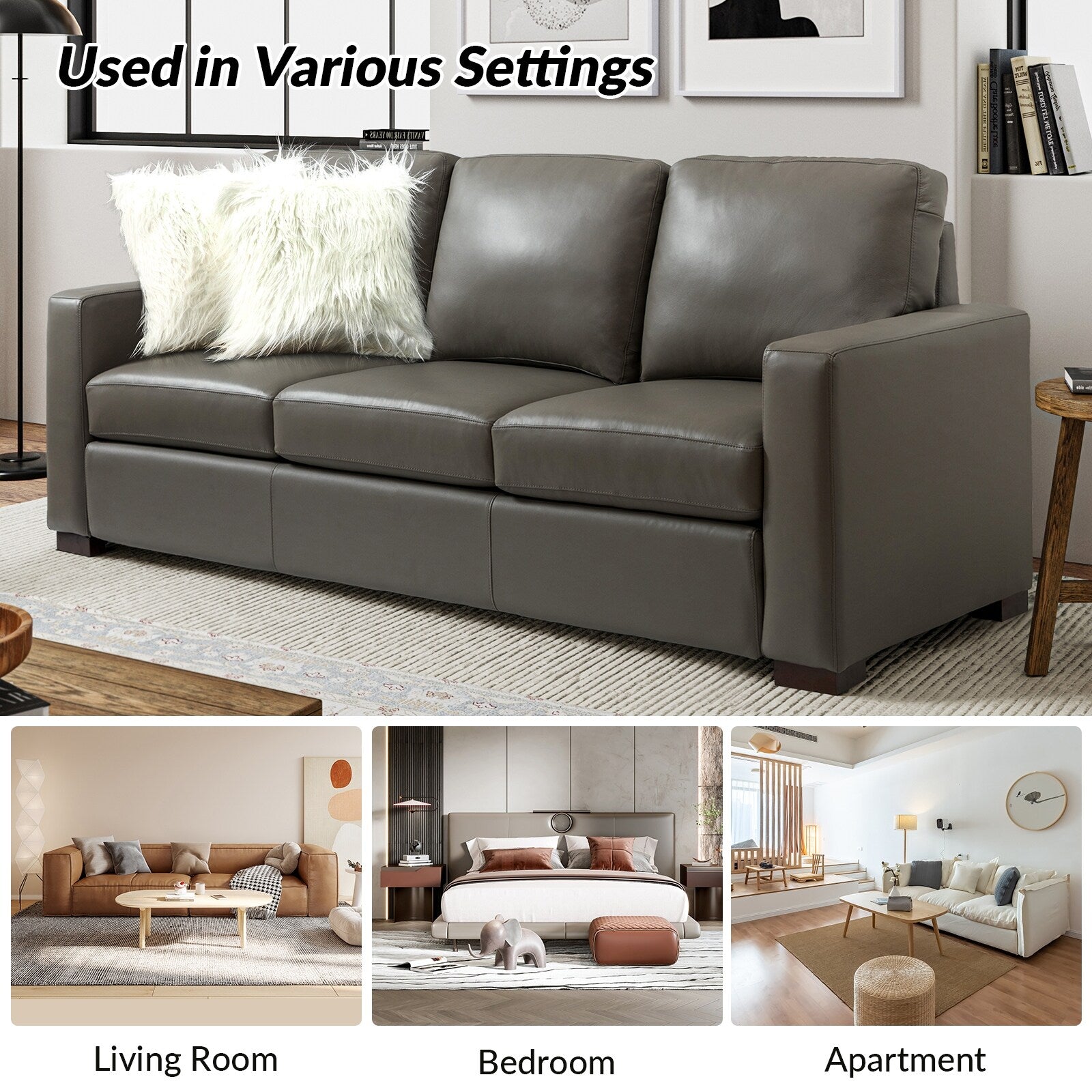 Ernando 83.46 Wide Genuine Leather Sofa with Squared Arms and Pillows