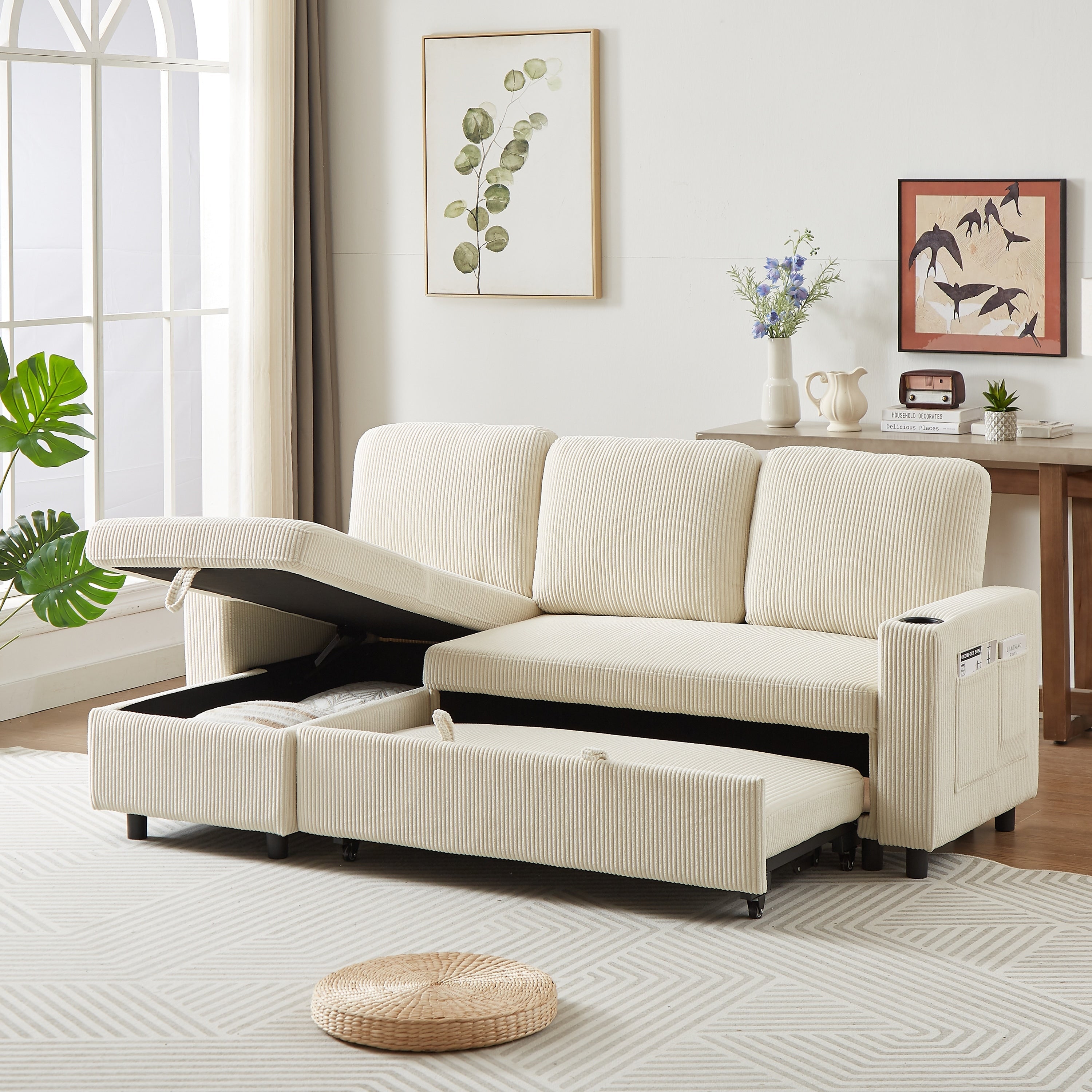 FX 78.8 Reversible Sleeper Combo Sofa with Pullout Bed, Comfortable Linen L-Shaped Combo Sofa Sofa Bed, Living Room Furniture S