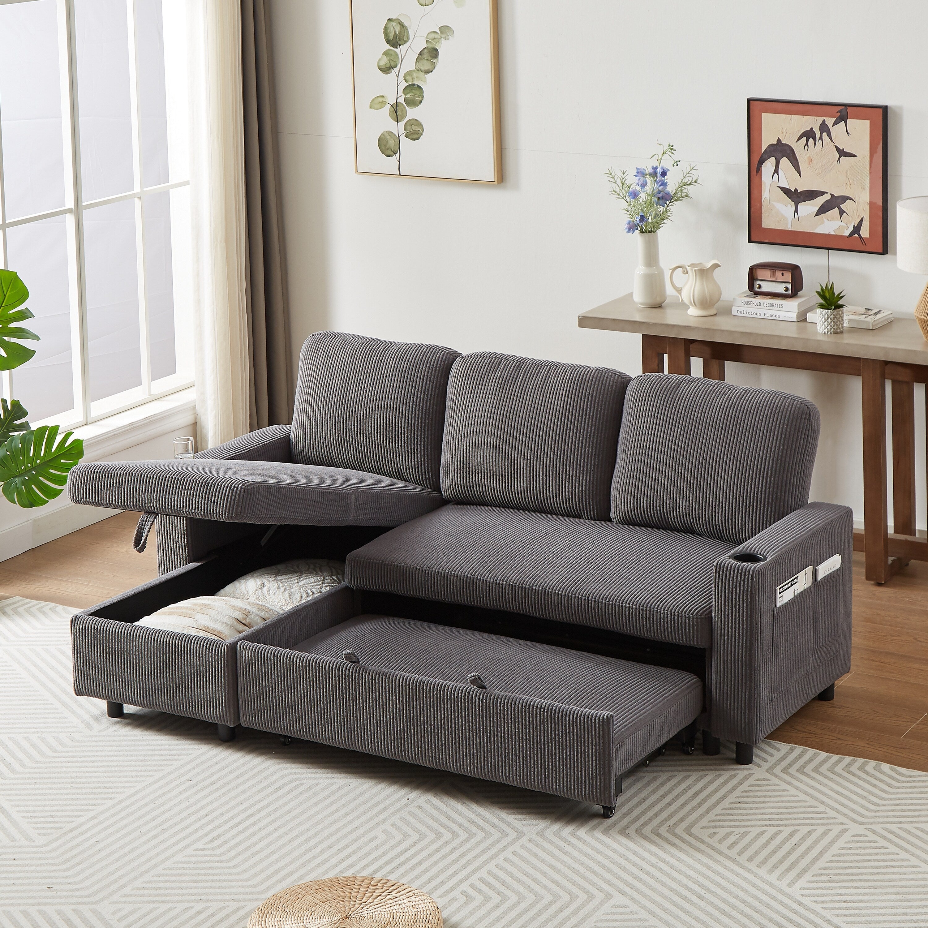FX 78.8 Reversible Sleeper Combo Sofa with Pullout Bed, Comfortable Linen L-Shaped Combo Sofa Sofa Bed, Living Room Furniture S