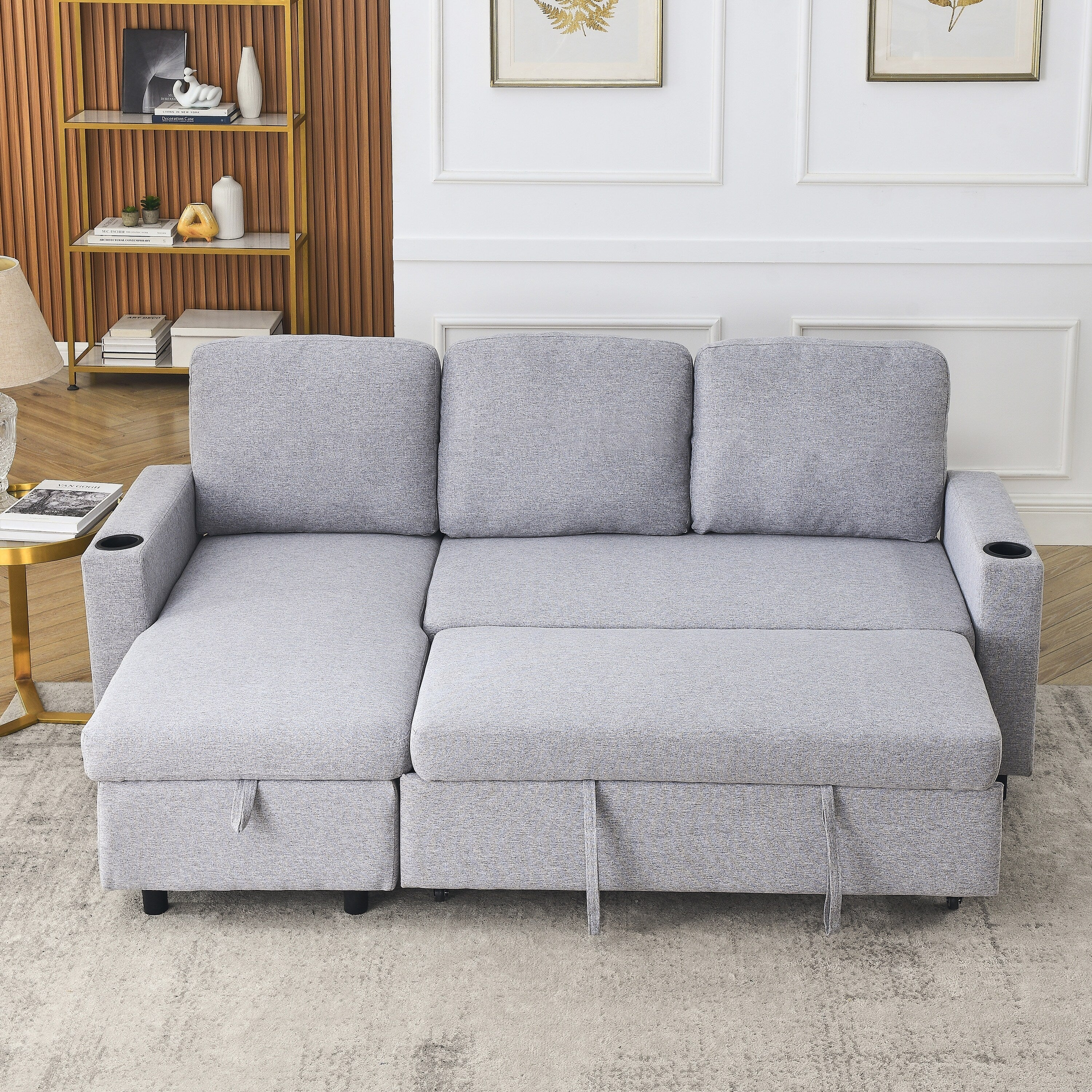 FX 78.8 Reversible Sleeper Combo Sofa with Pullout Bed, Comfortable Linen L-Shaped Combo Sofa Sofa Bed, Living Room Furniture S