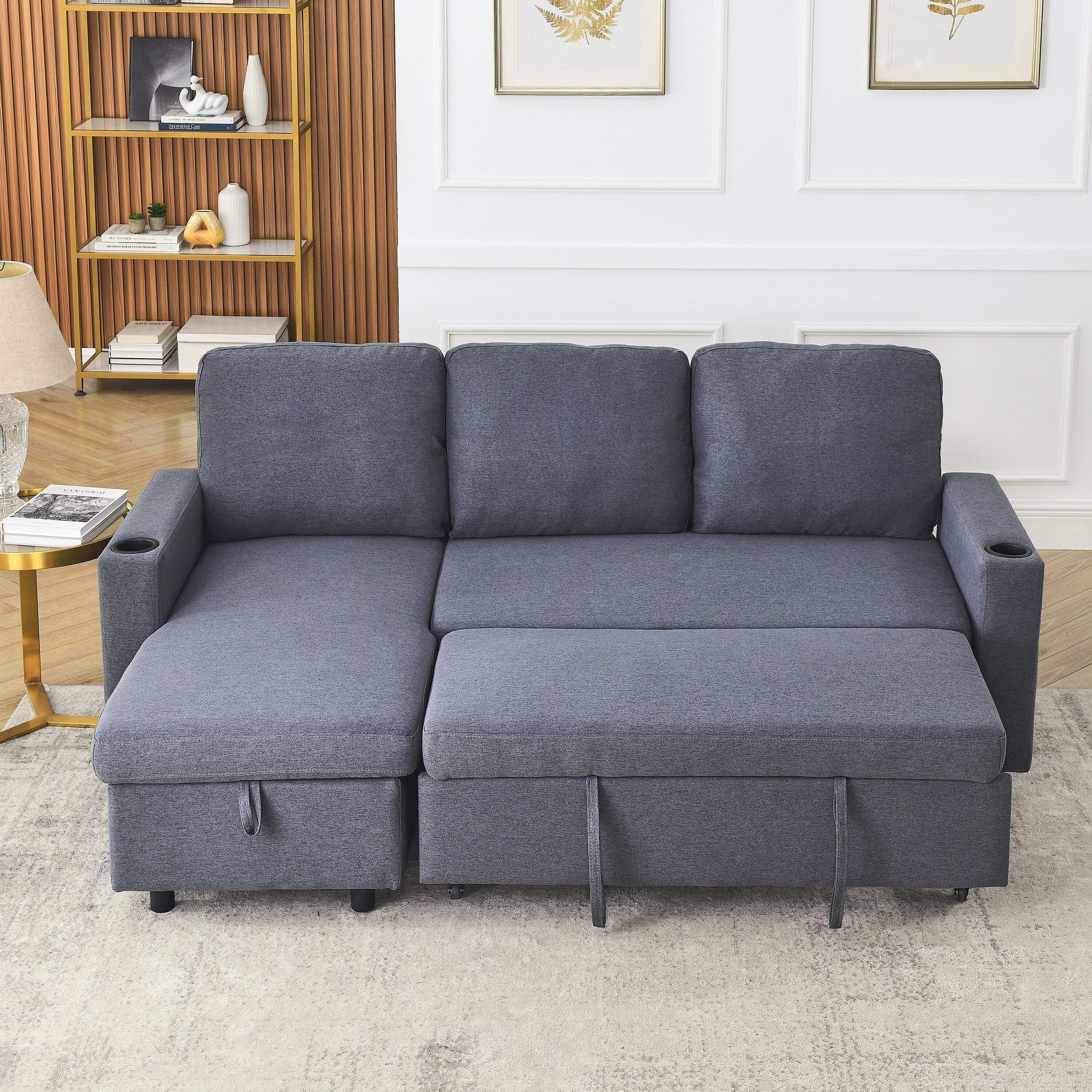 FX 78.8 Reversible Sleeper Combo Sofa with Pullout Bed, Comfortable Linen L-Shaped Combo Sofa Sofa Bed, Living Room Furniture S