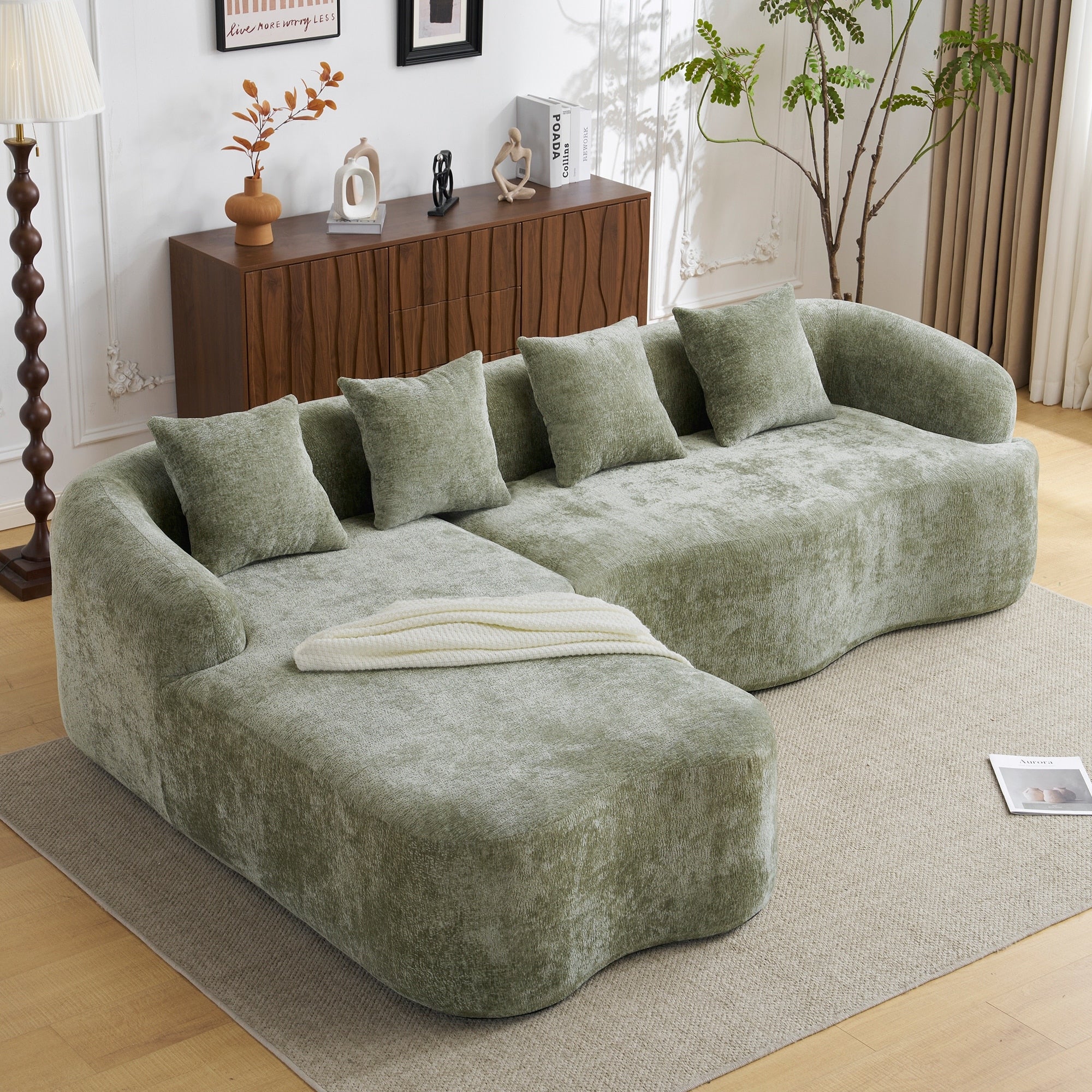 Full Compression L-Shape Sectional Sofa with Curved Chaise, Modular Chenille Couch, Compression Sofa