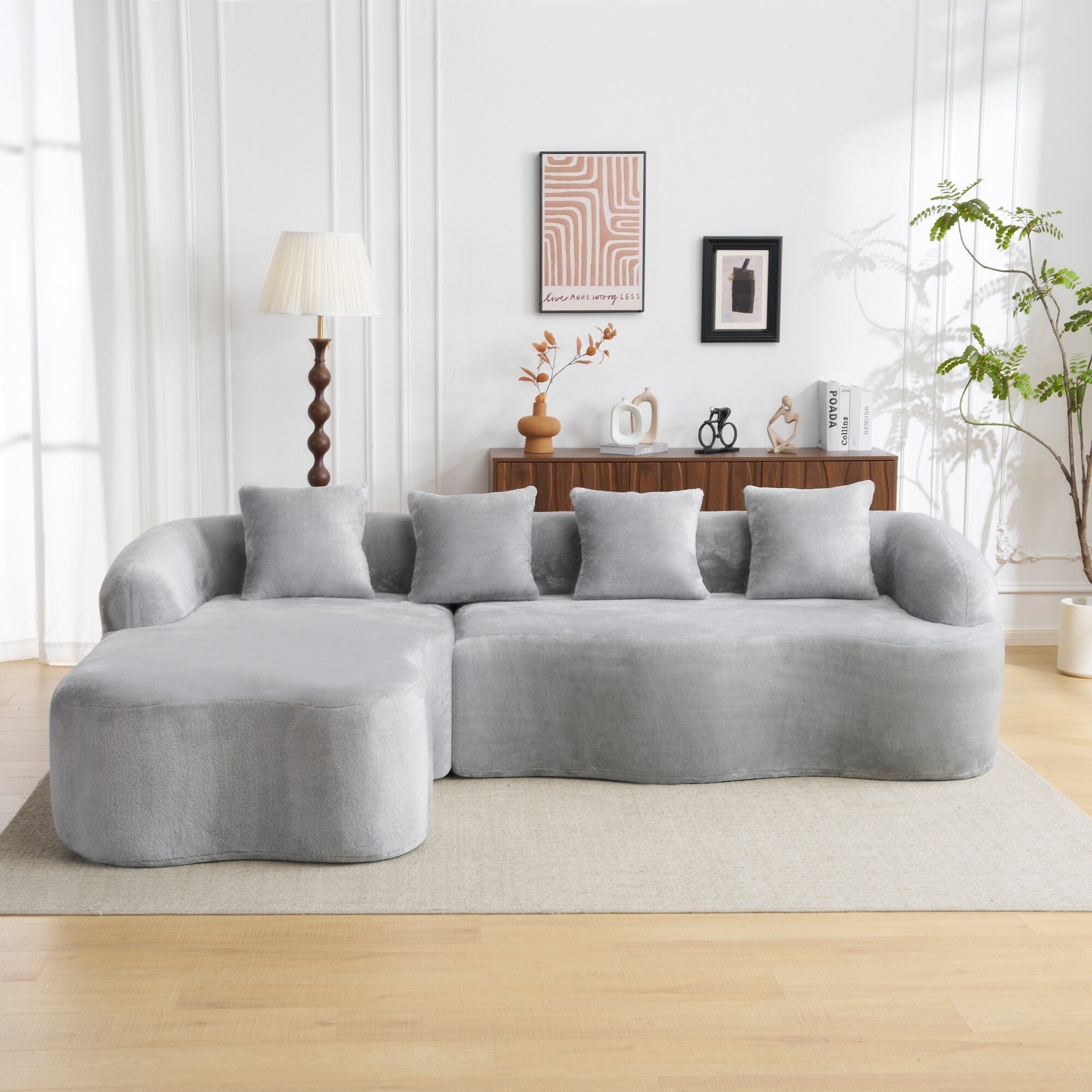 Full Compression L-Shape Sectional Sofa with Curved Chaise, Modular Chenille Couch, Compression Sofa