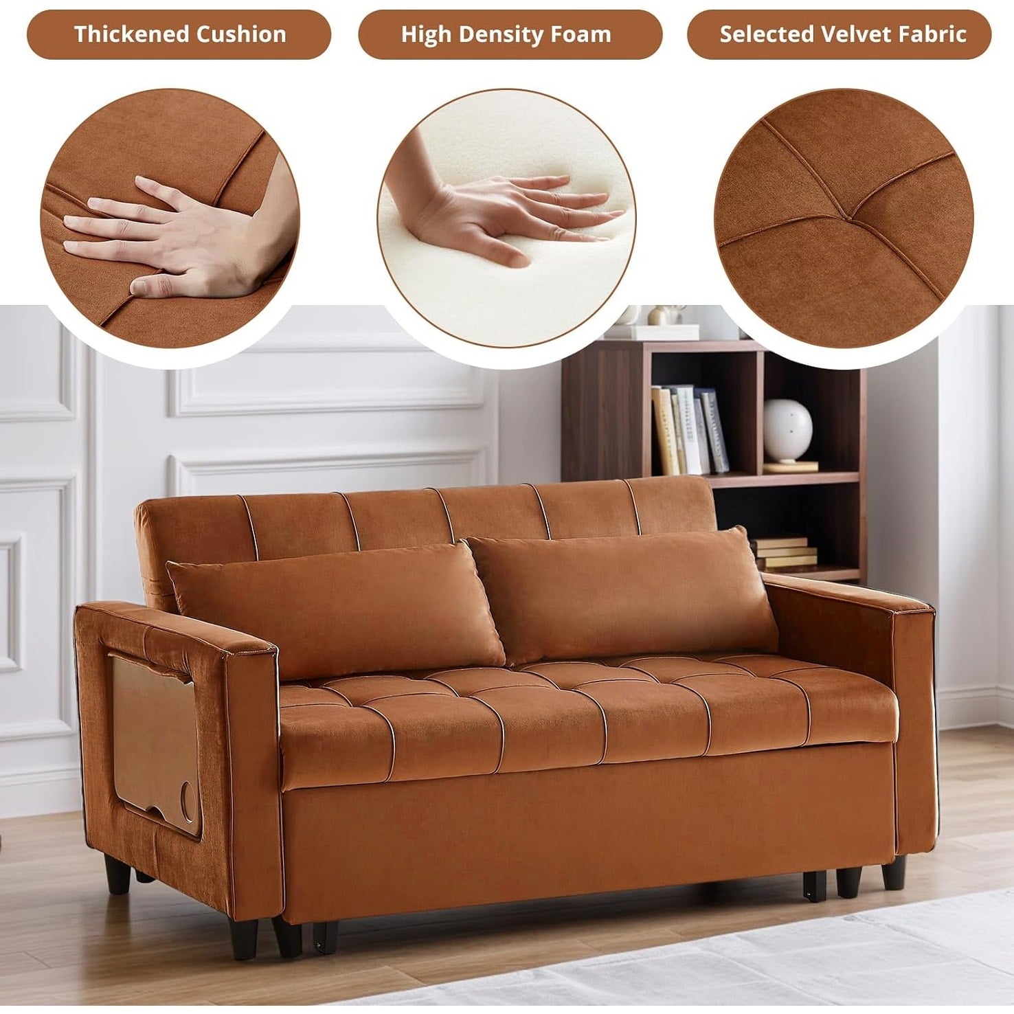 55 Inch Velvet Convertible Sofa, 3 in 1 Futon Couch with Pull-Out Bed/Adjustable Backrest Side Table/2 Lumbar Pillows