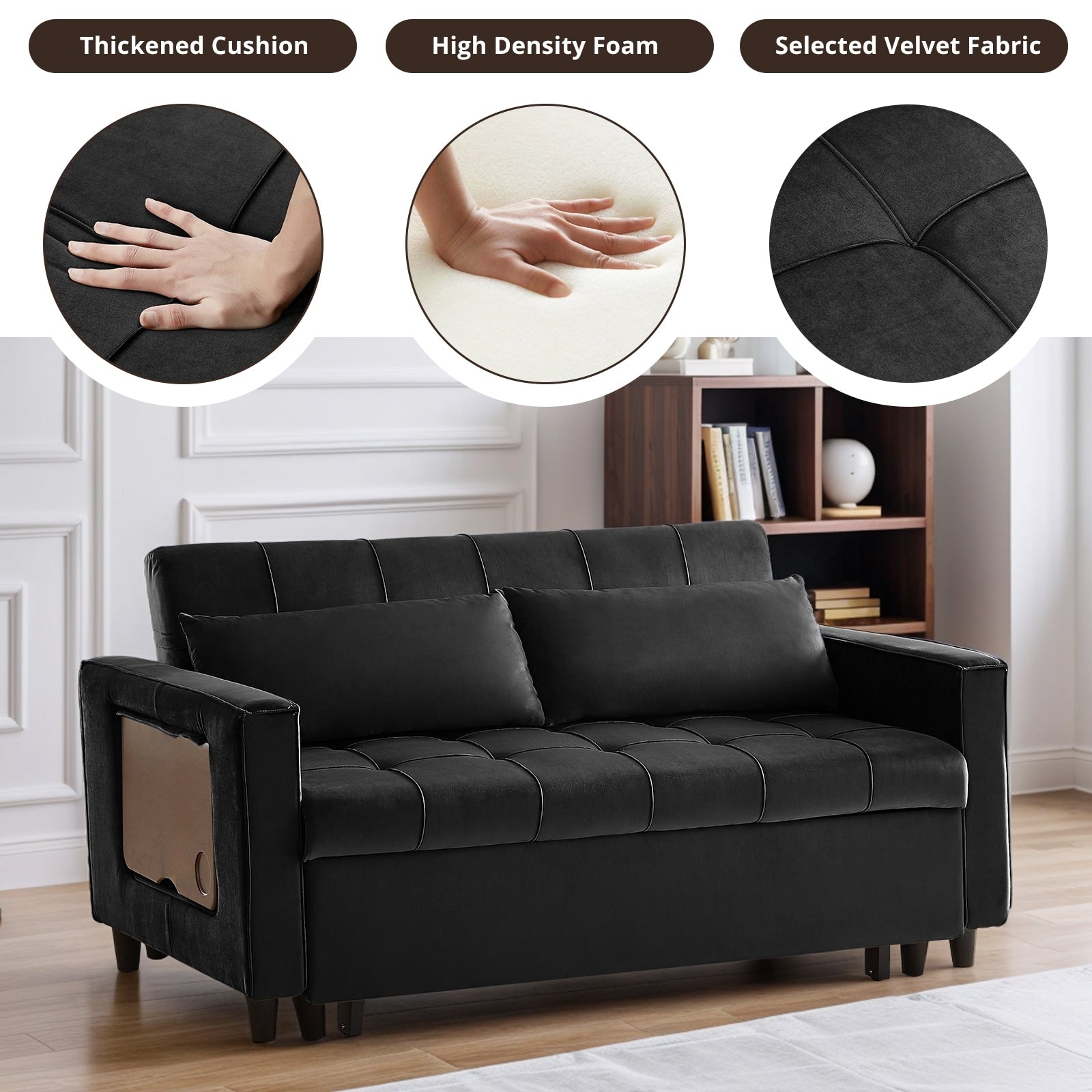 55 Inch Velvet Convertible Sofa, 3 in 1 Futon Couch with Pull-Out Bed/Adjustable Backrest Side Table/2 Lumbar Pillows
